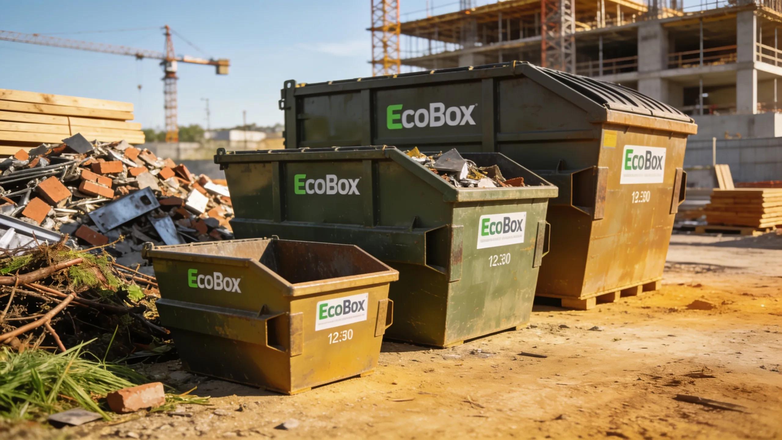 Different sizes of EcoBox dumpsters showcased in a construction environment reflecting rental options