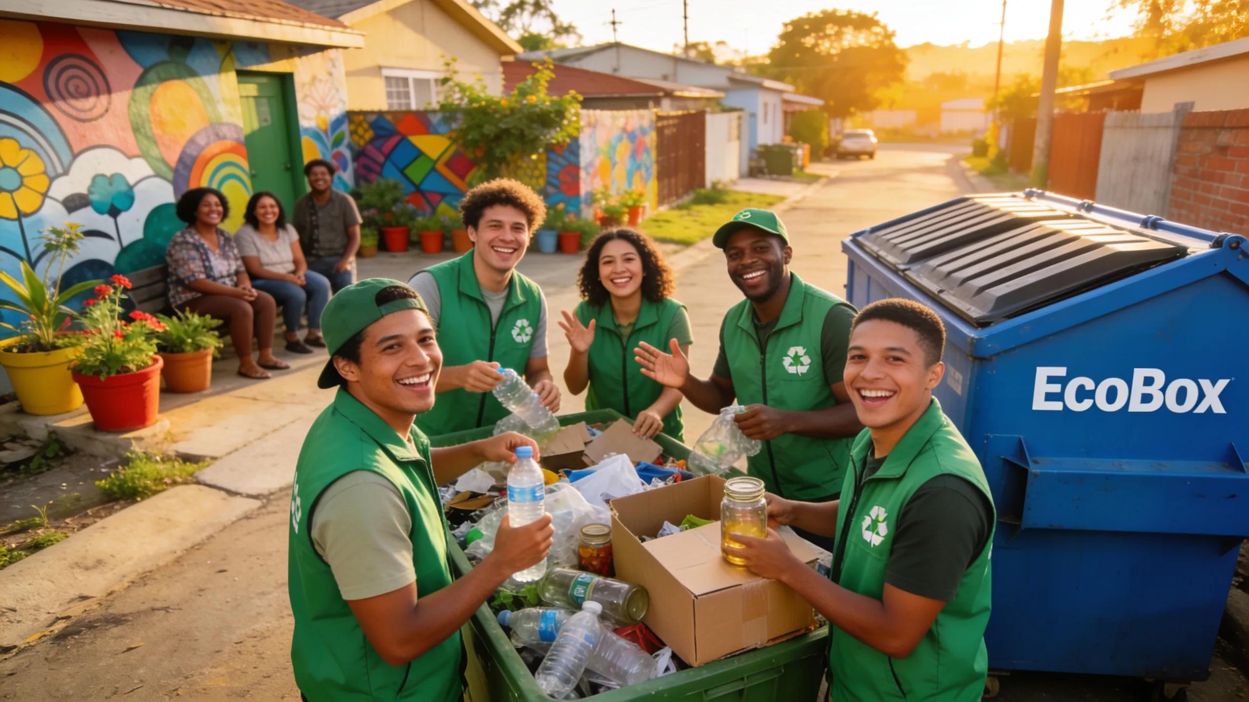 EcoBox team practicing recycling next to a dumpster, showcasing commitment to eco-friendly waste management.