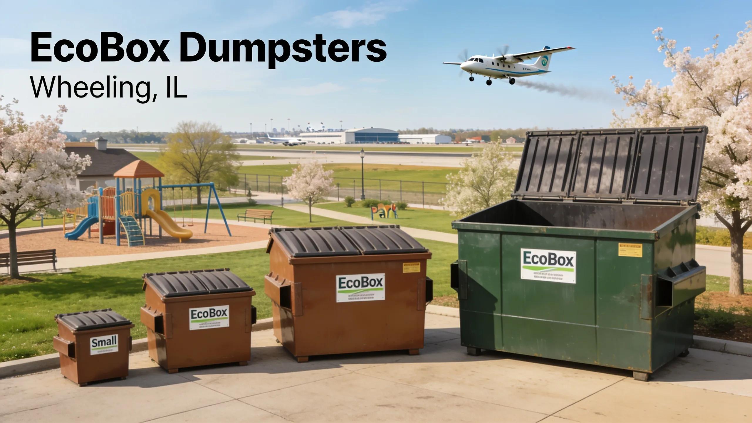 EcoBox Dumpsters positioned near iconic local landmarks in Wheeling, IL showcasing different sizes