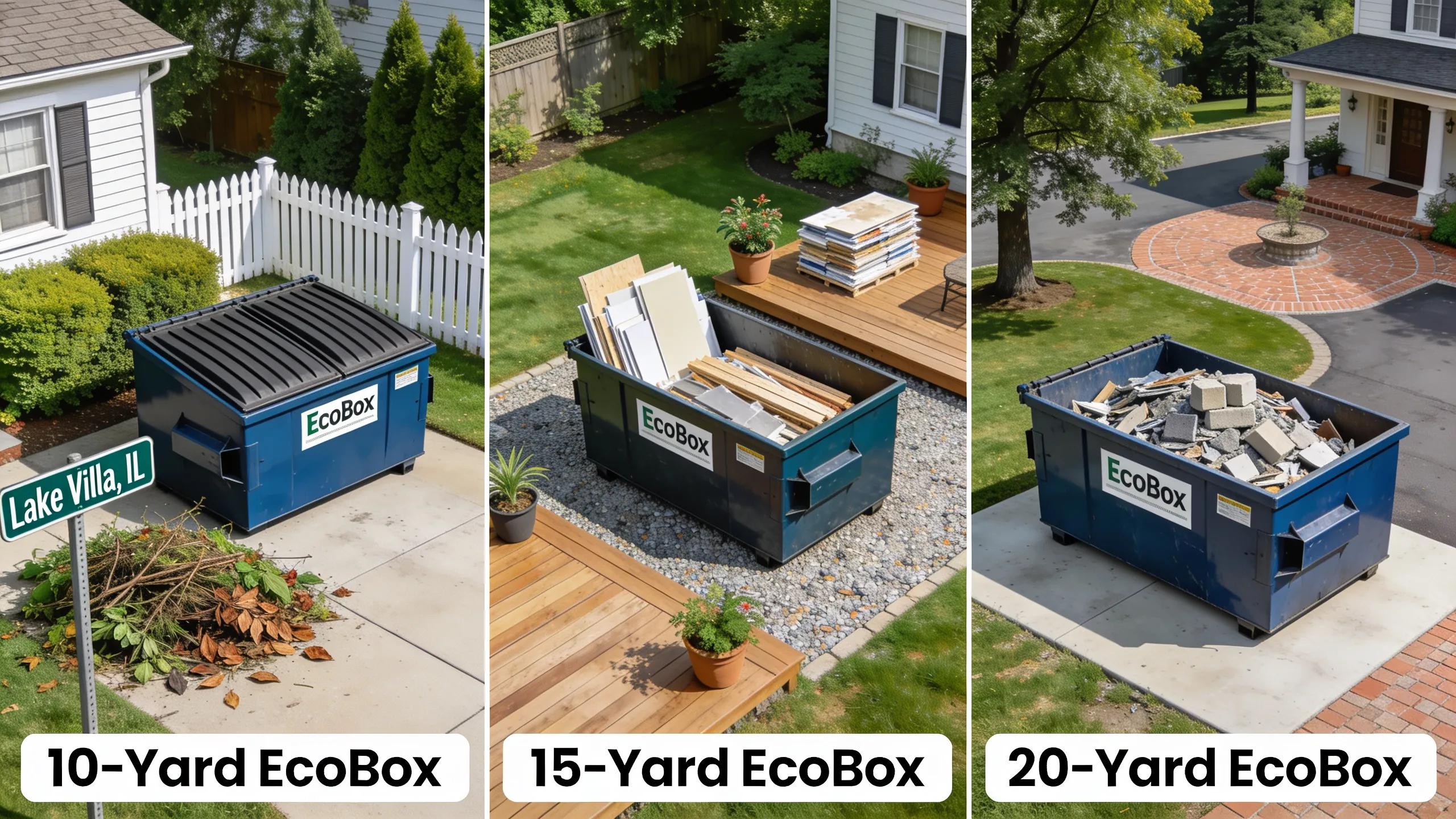 EcoBox Dumpsters: 10, 15, and 20-yard dumpster sizes for residential projects and construction debris disposal in Lake Villa, IL.