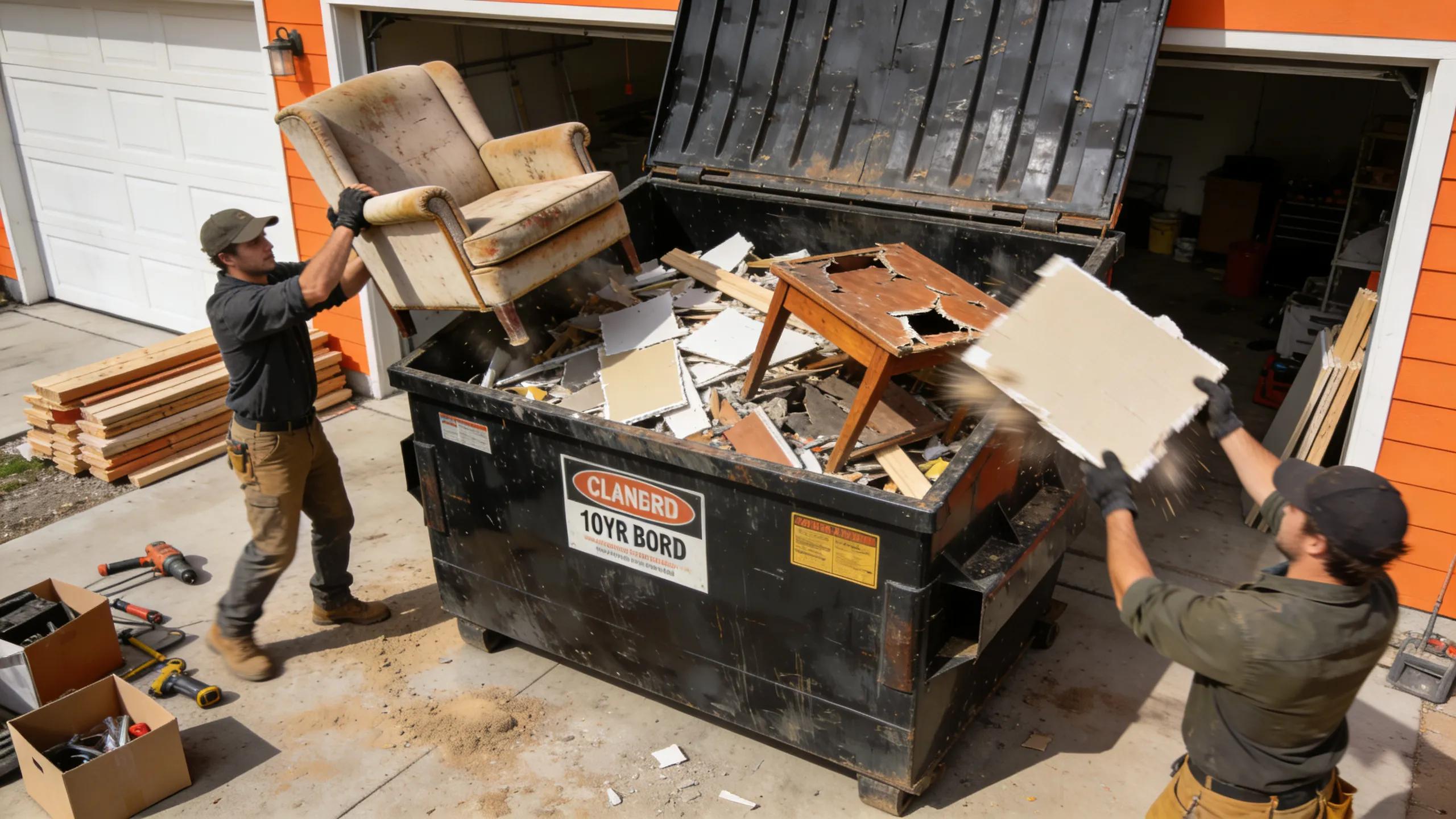 10-yard dumpster filled with household waste during a garage clean-out project