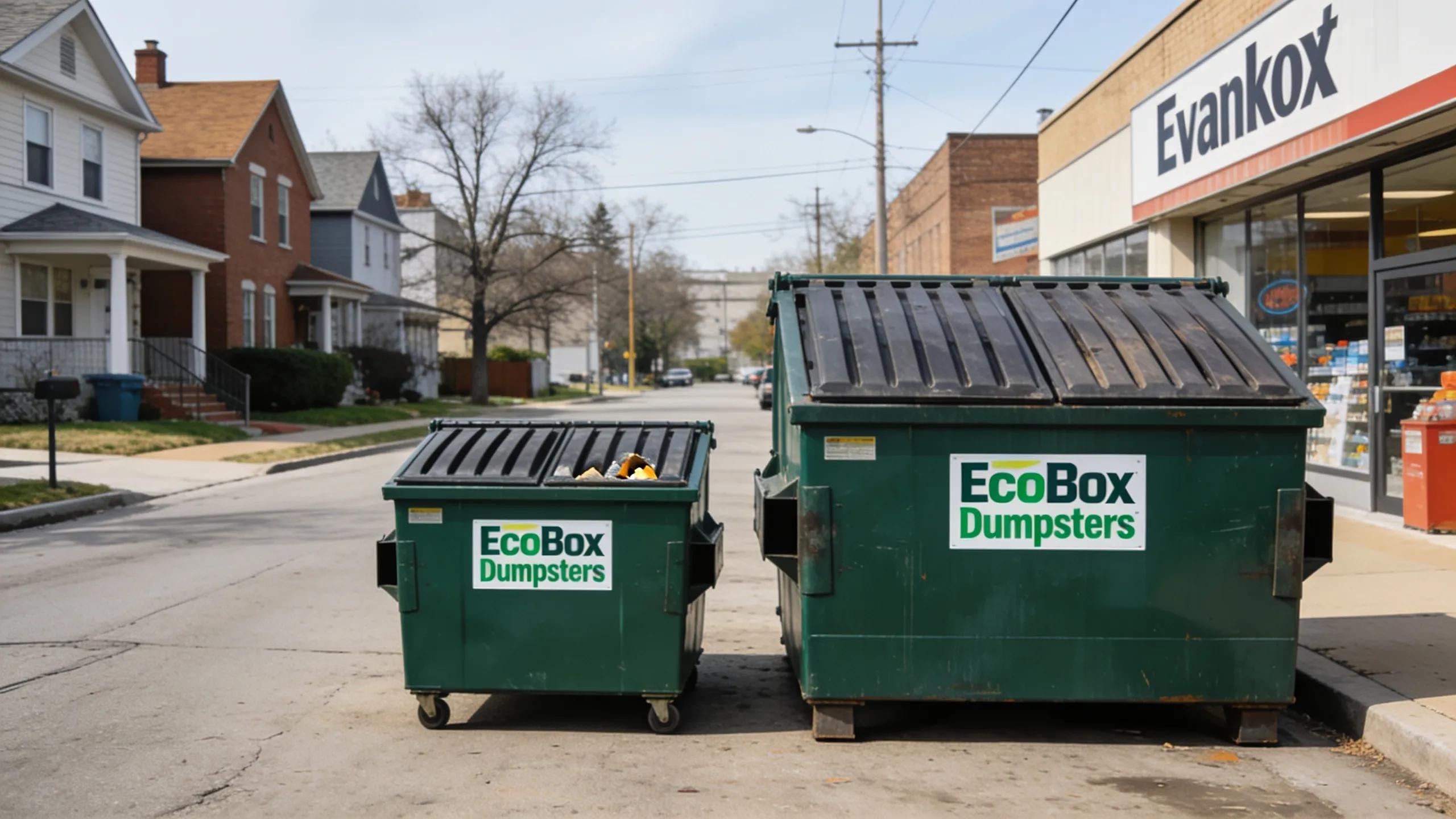 Comparison of residential and commercial dumpsters highlighting size differences in Evanston, IL