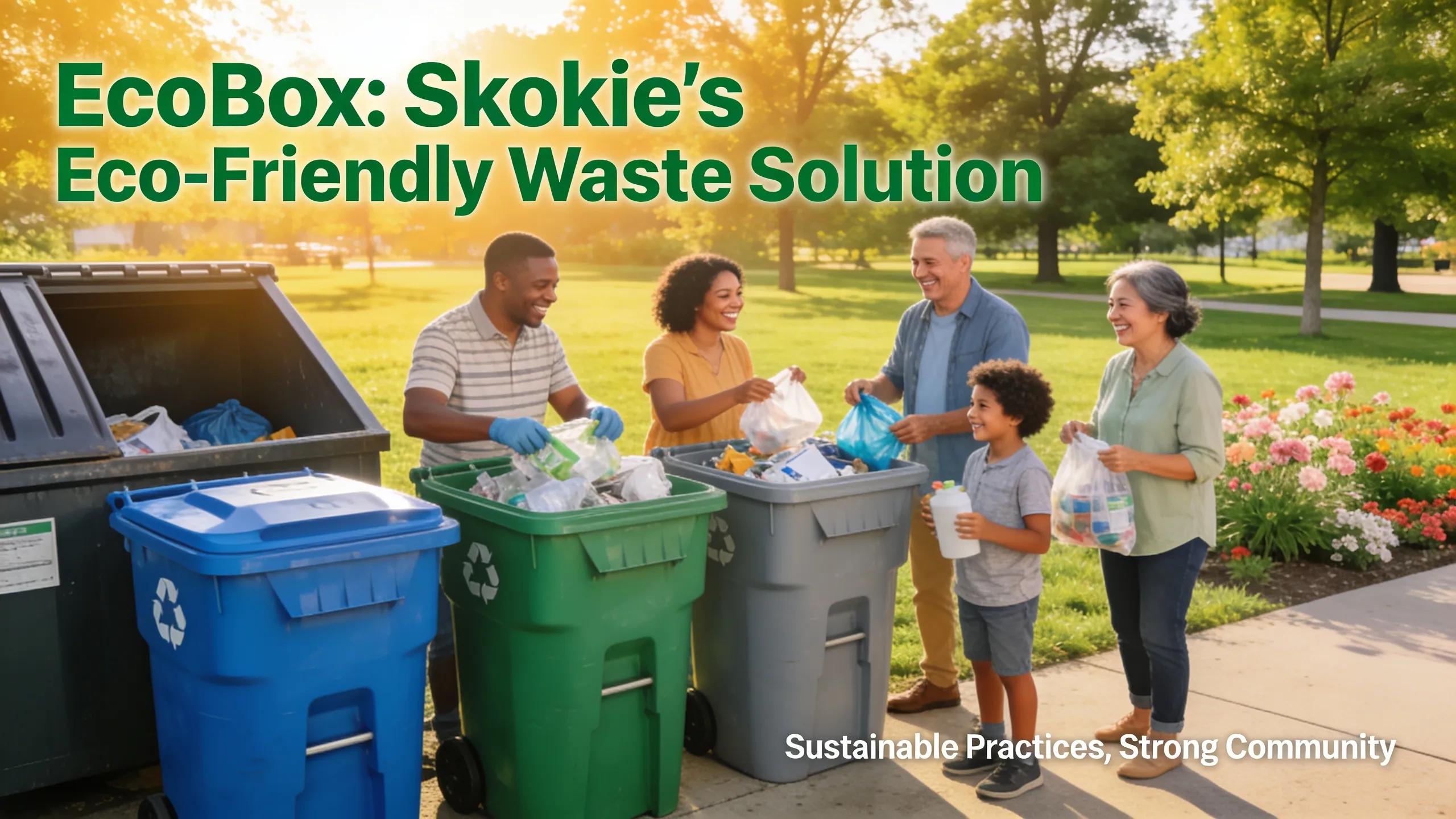 Community members participating in recycling near a dumpster in Skokie, IL, highlighting eco-friendly practices