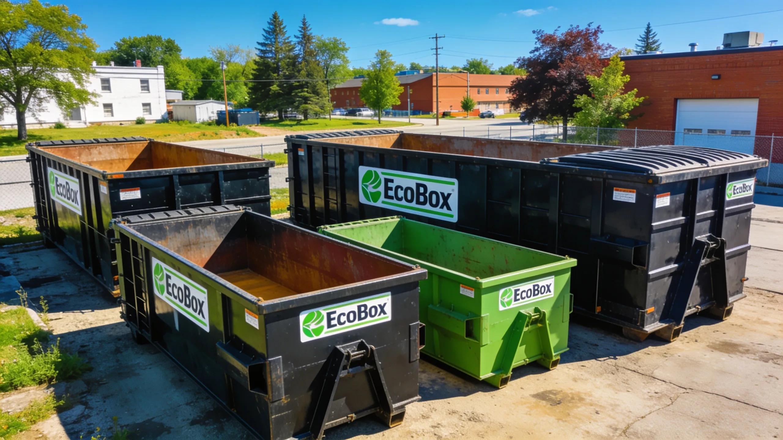 Roll-off dumpsters of various sizes at a construction site in Highwood, IL, showcasing EcoBox branding and local scenery.
