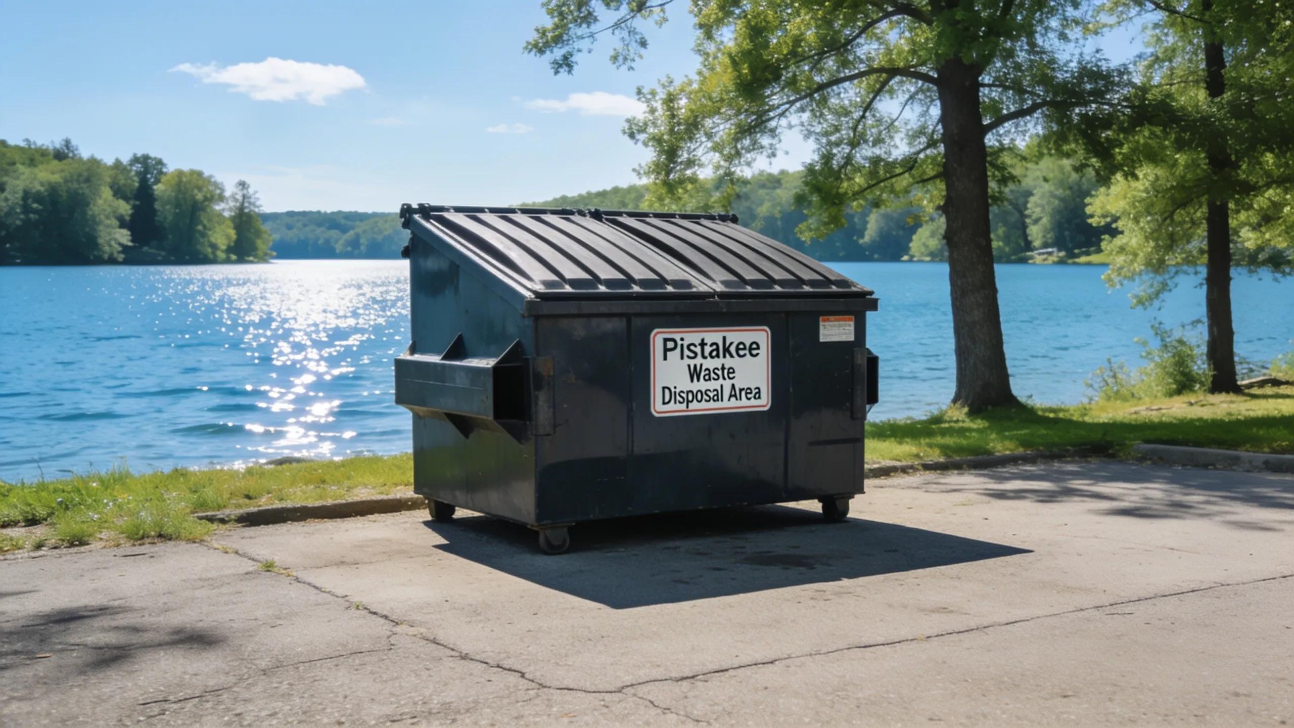EcoBox dumpster placed near Pistakee Lake in Johnsburg, IL, highlighting local landmarks and permit requirements.