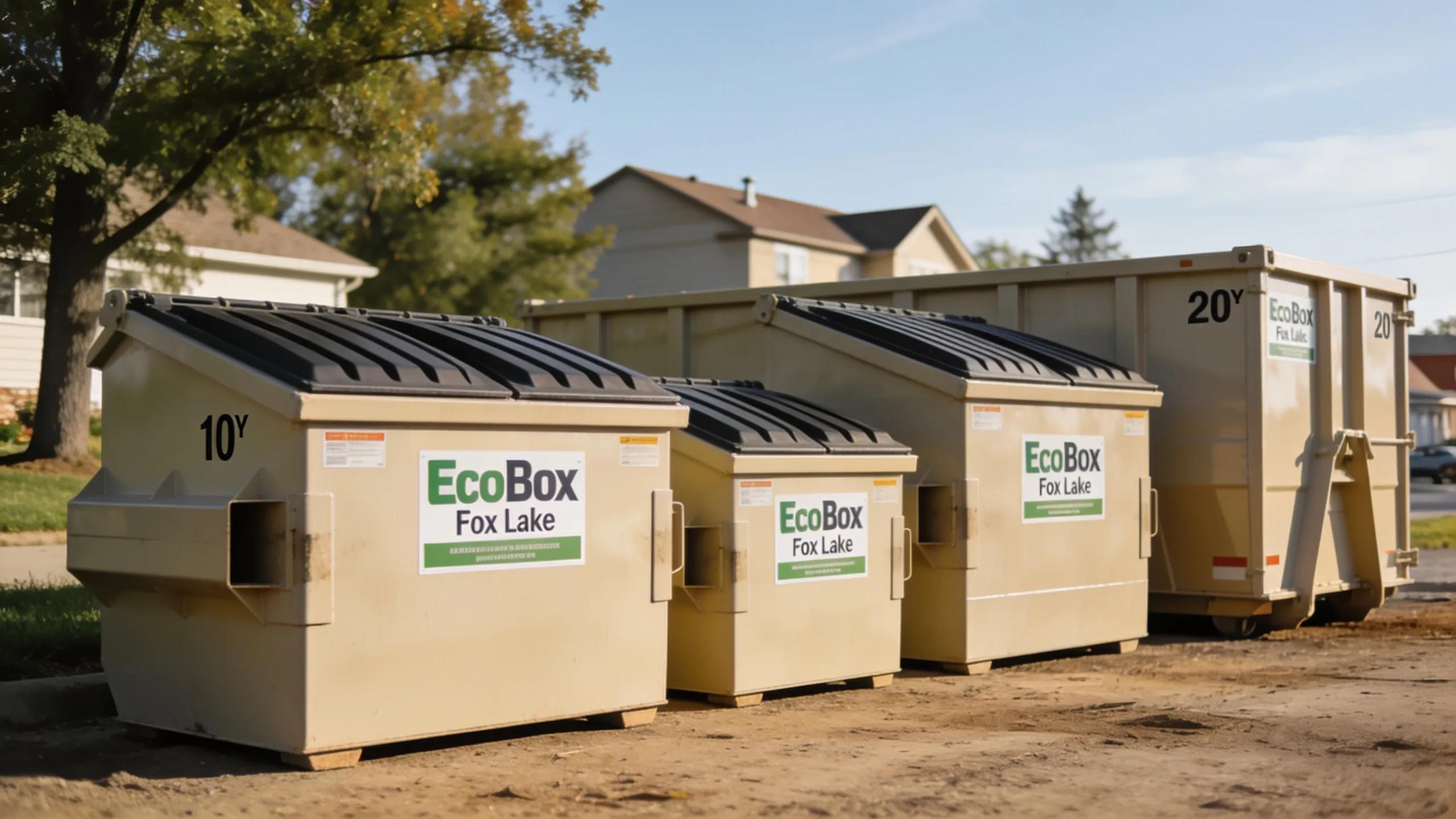 Variety of EcoBox dumpster sizes displayed at a local Fox Lake project site, emphasizing selection for different types of renovations