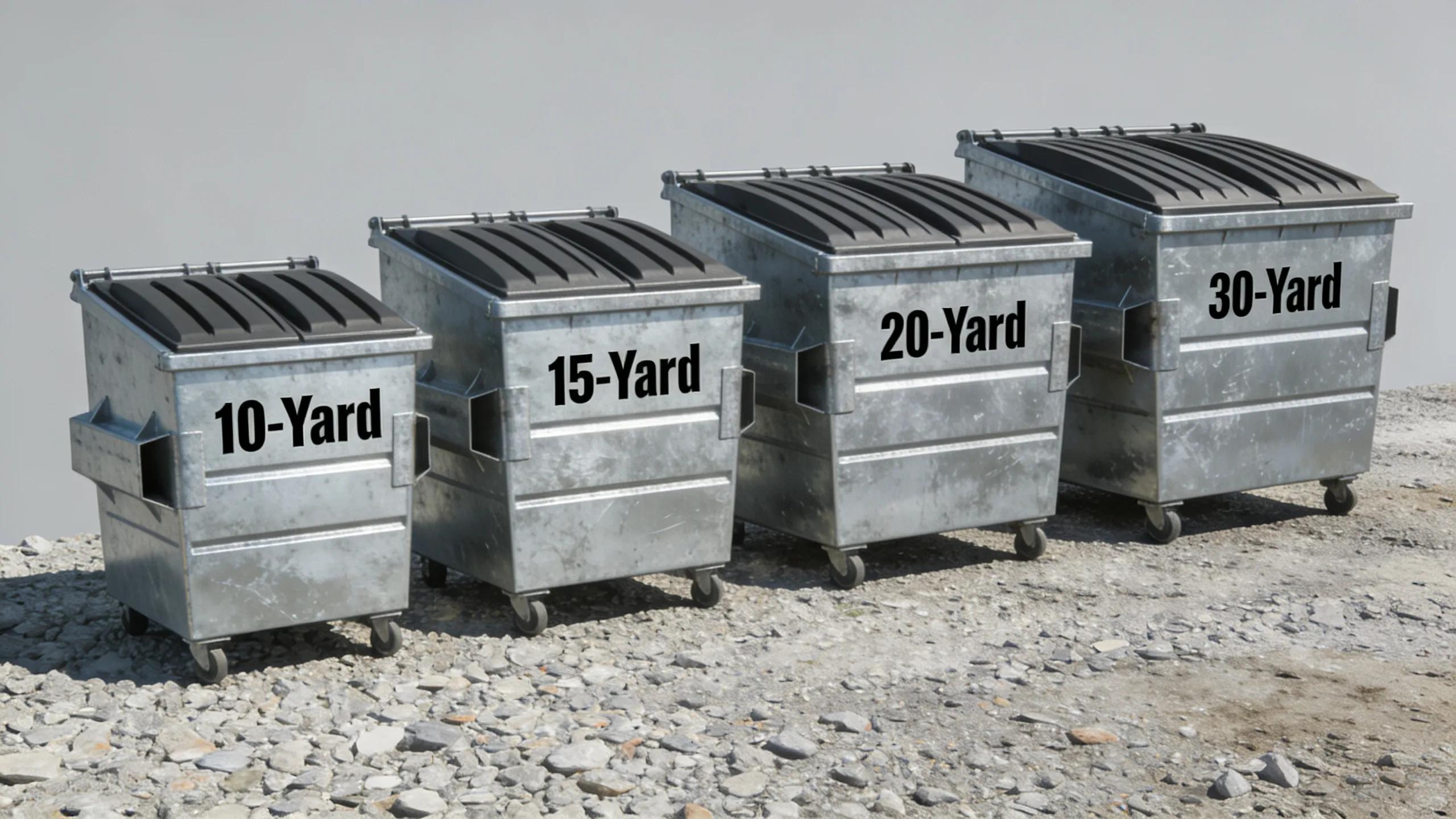 Lineup of various dumpster sizes for rental showcasing their differences in a practical context