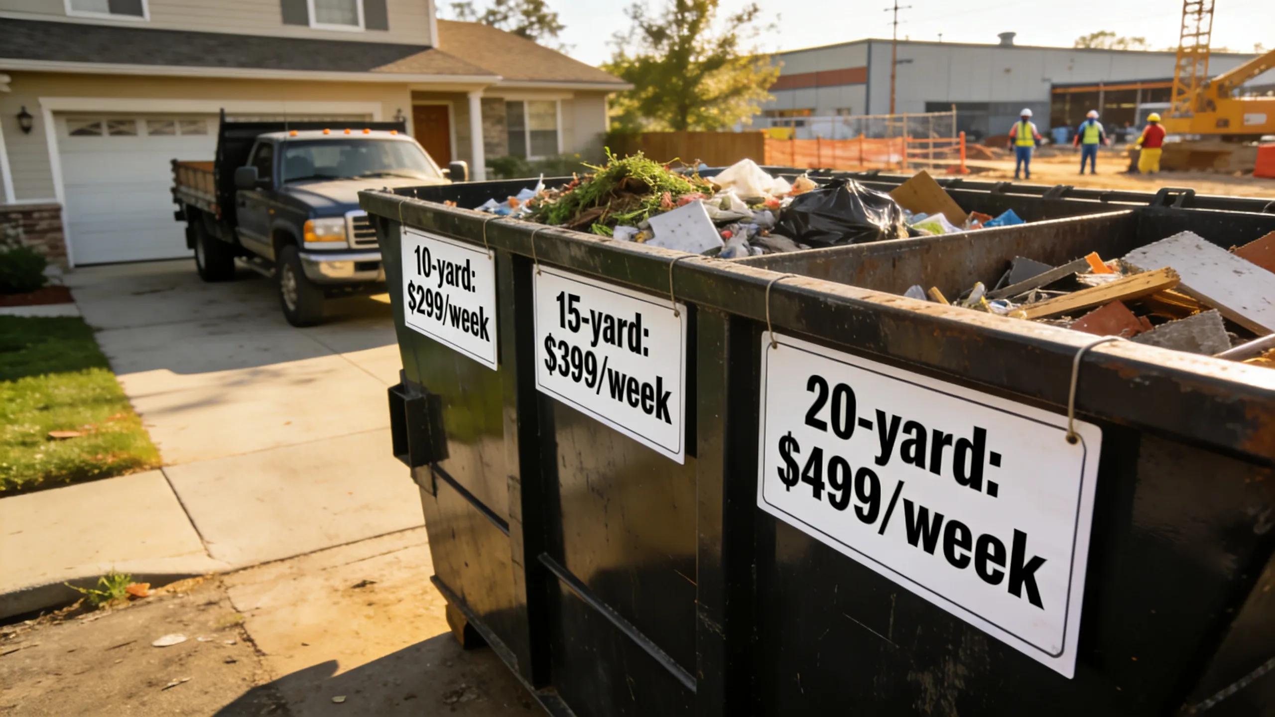 Close-up of rental price tags on dumpsters highlighting 10-yard, 15-yard, and 20-yard rates in a rental scenario