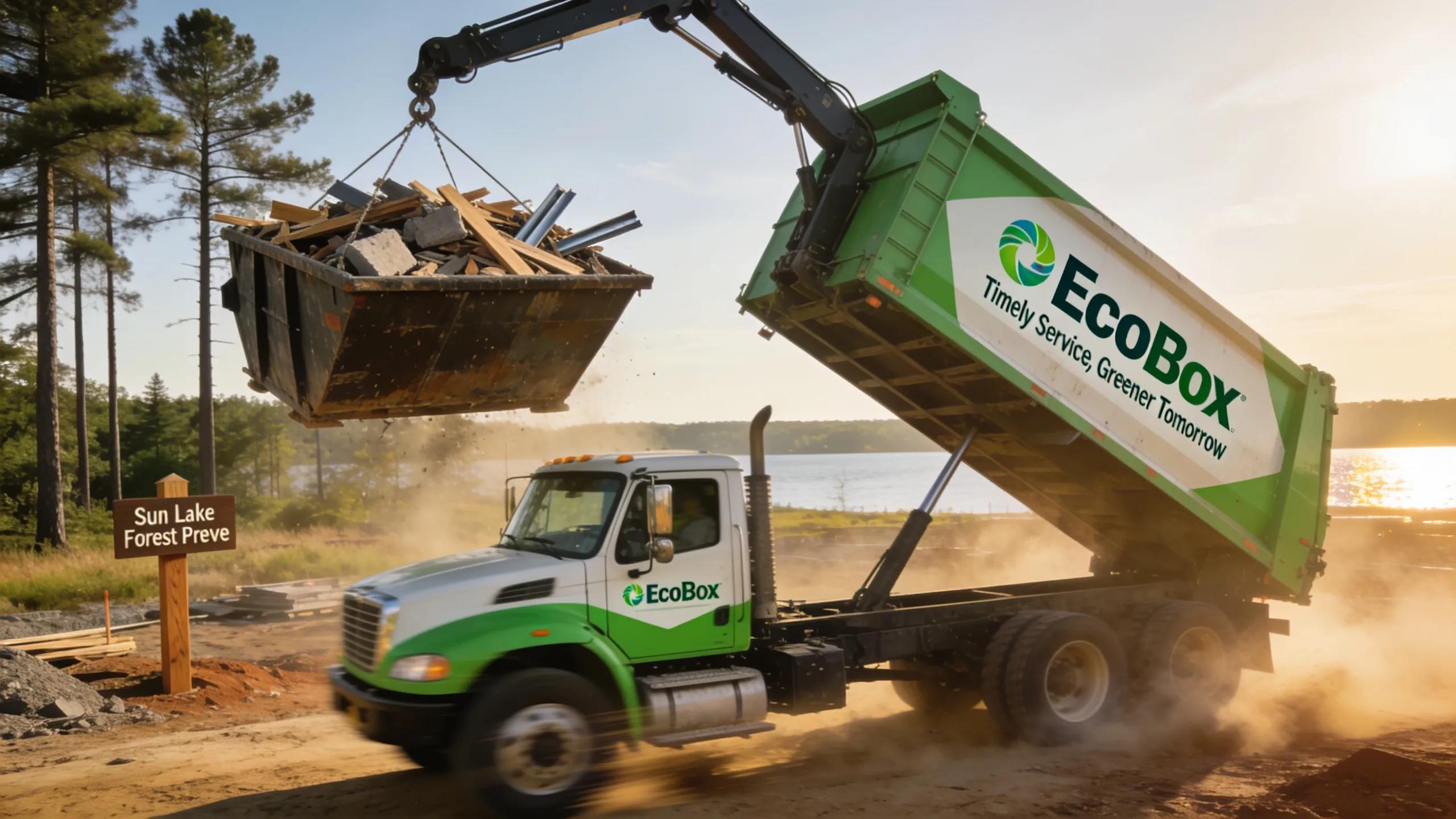 EcoBox Dumpsters truck lifting filled dumpster promoting eco-friendly waste management and sustainable practices.