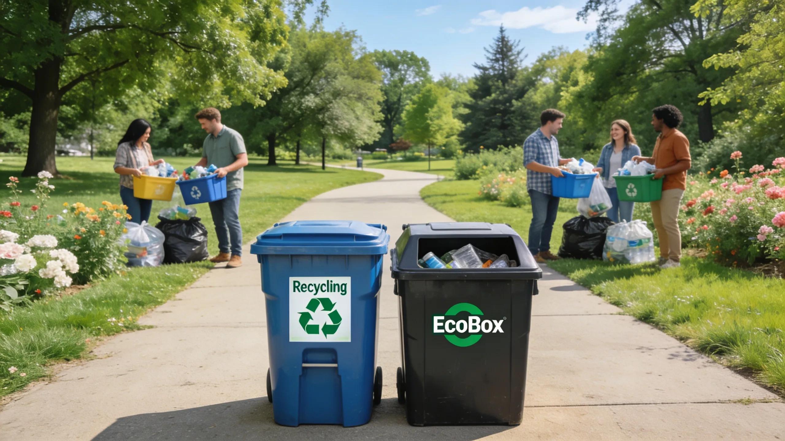 Community recycling event with EcoBox dumpster promoting eco-friendly waste disposal