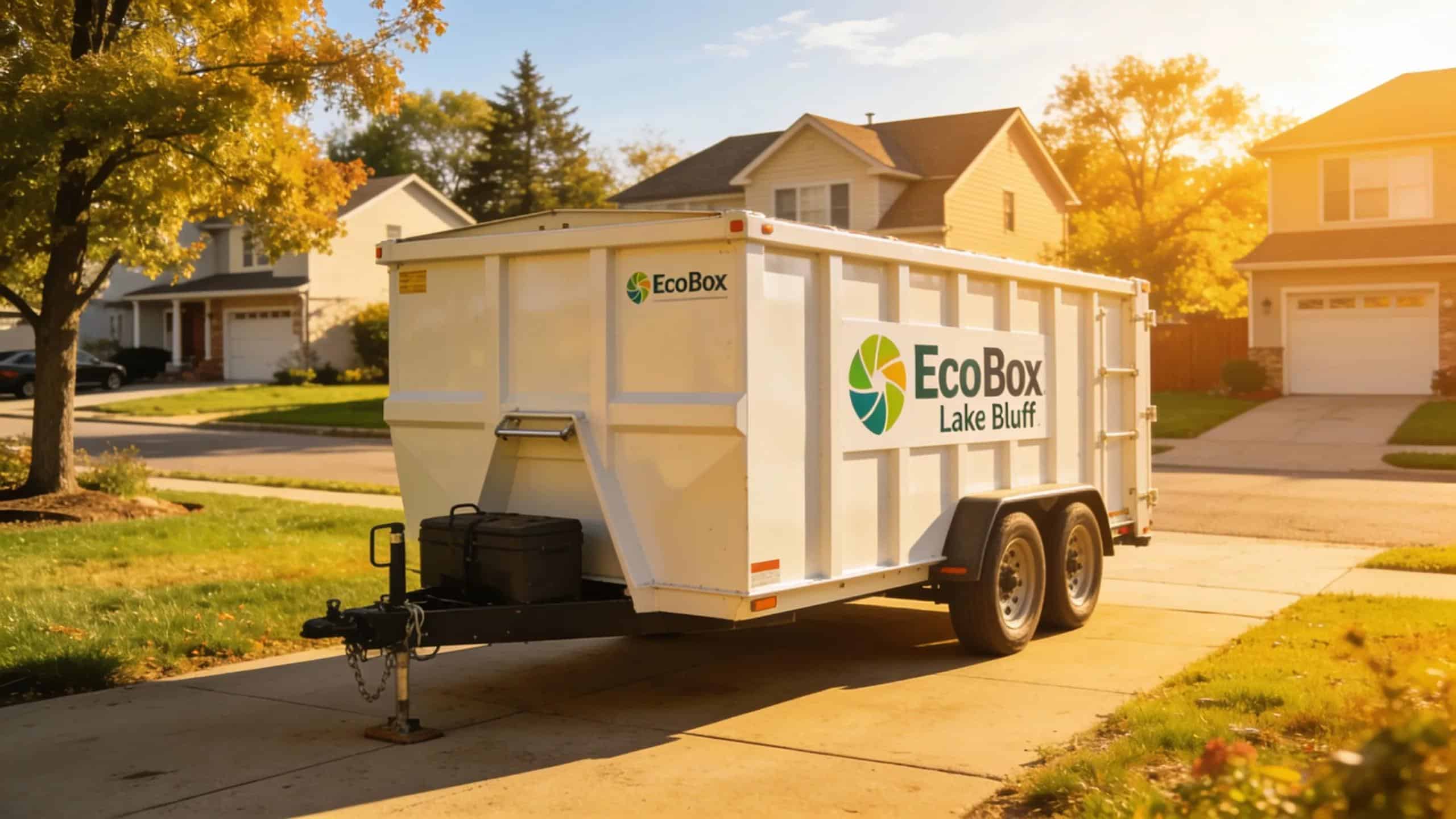 EcoBox Dumpster in a residential neighborhood during sunset.