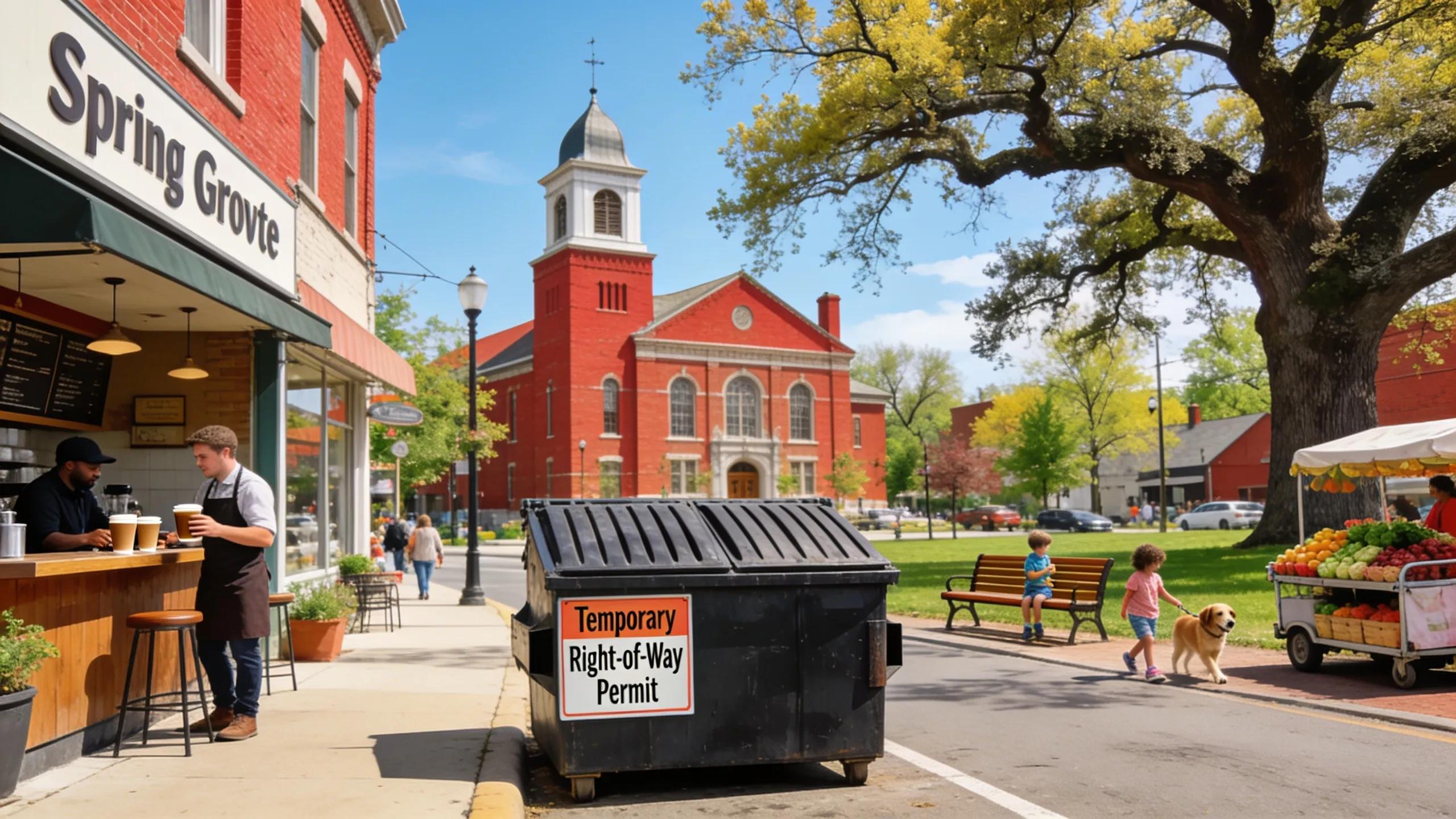 Dumpster rental in Spring Grove, IL, near town hall and public space, illustrating permit requirements.