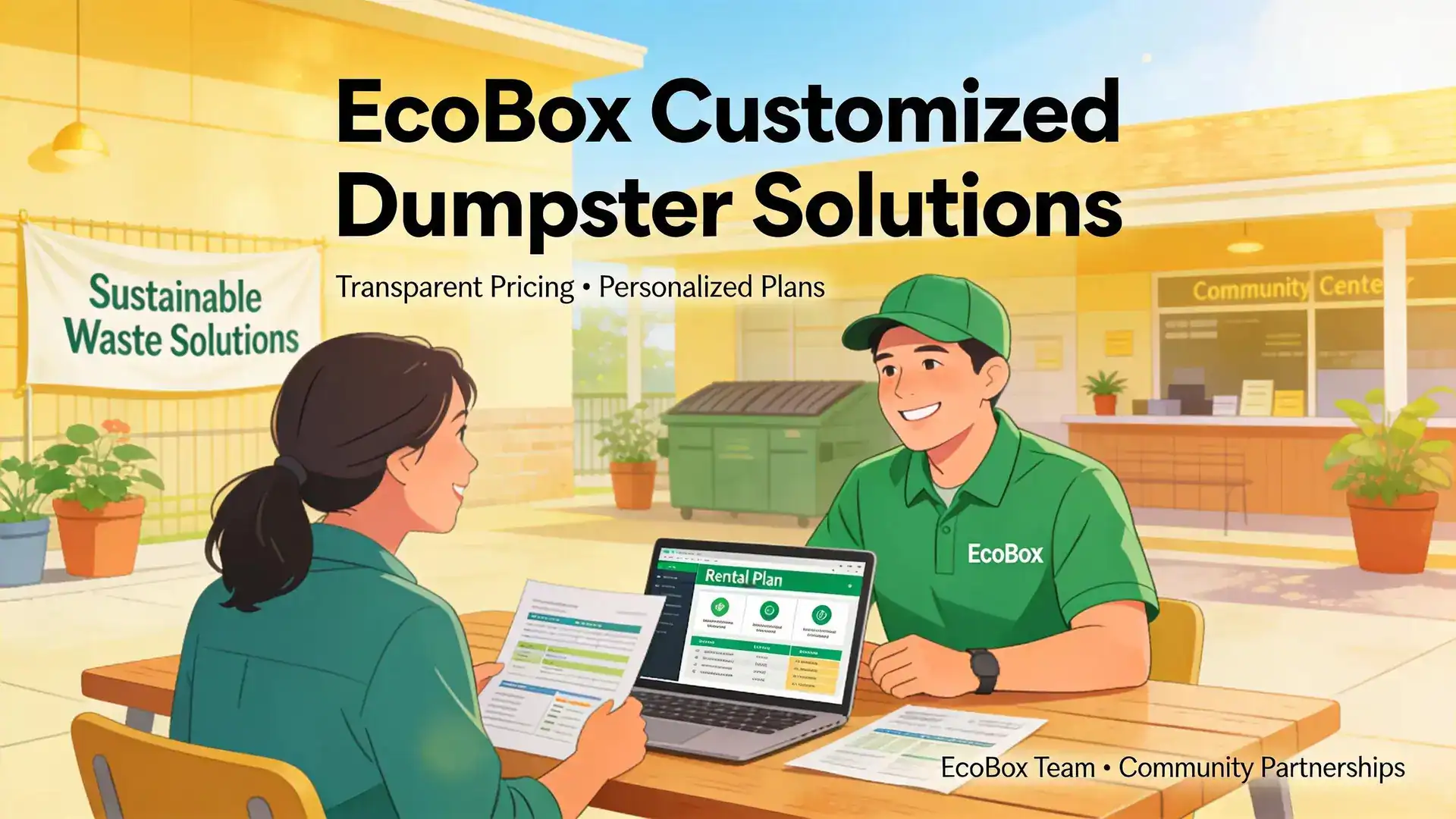EcoBox team members consulting with clients on customized dumpster rental plans in a professional setting.