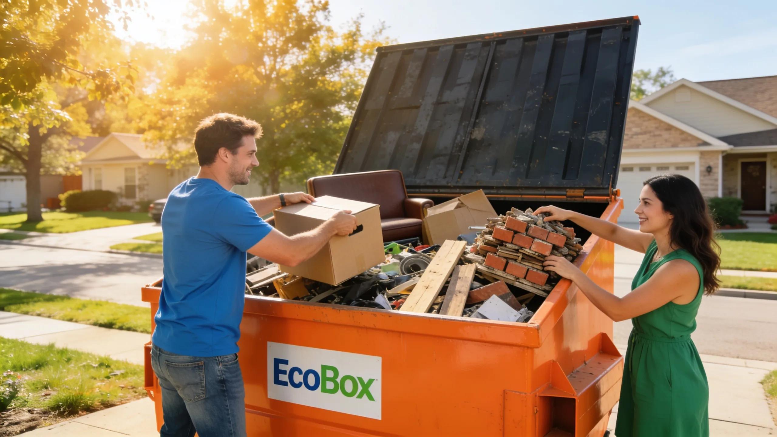 Three EcoBox dumpsters in varying sizes, showcasing the choices available for roll-off dumpster rentals