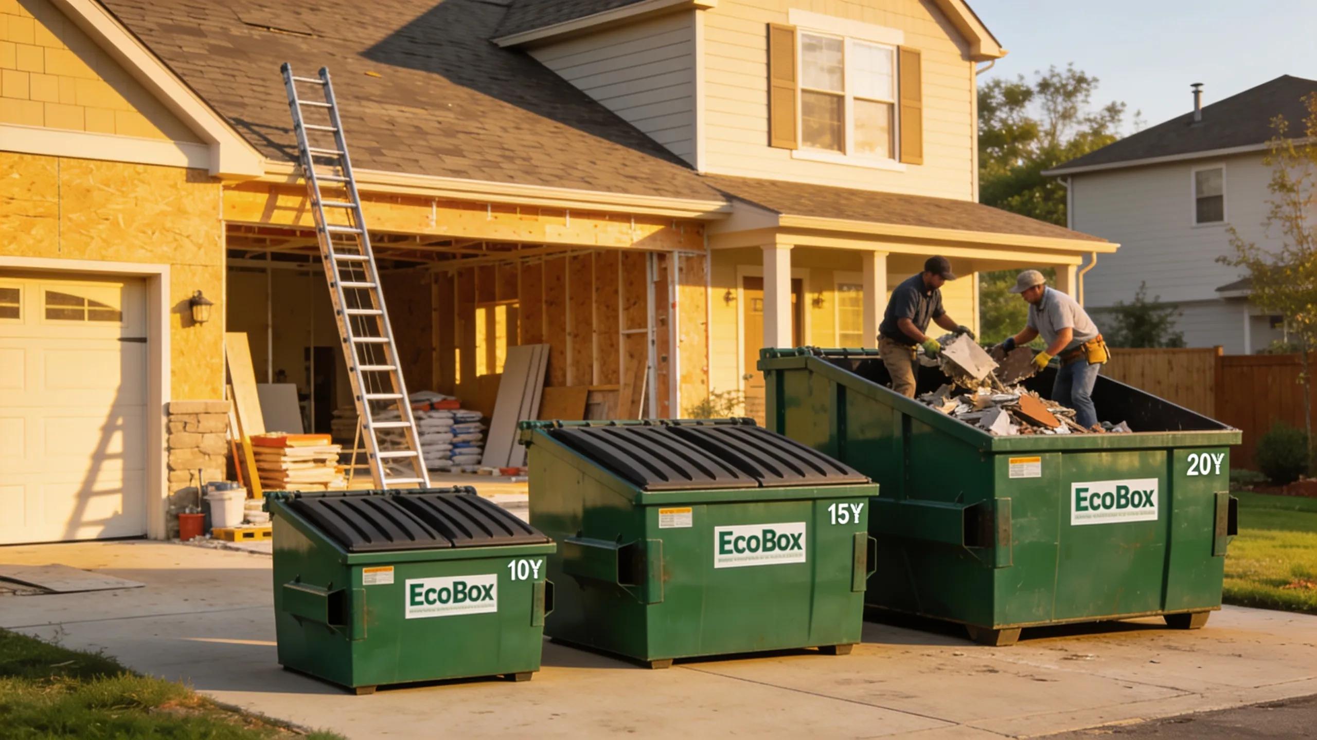 Different sizes of EcoBox dumpsters for residential and commercial projects