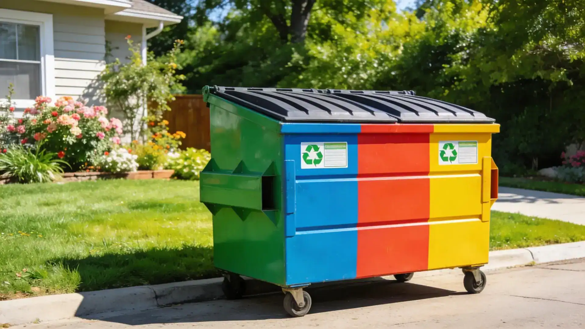 Colorful recycling dumpster on driveway for waste disposal.
