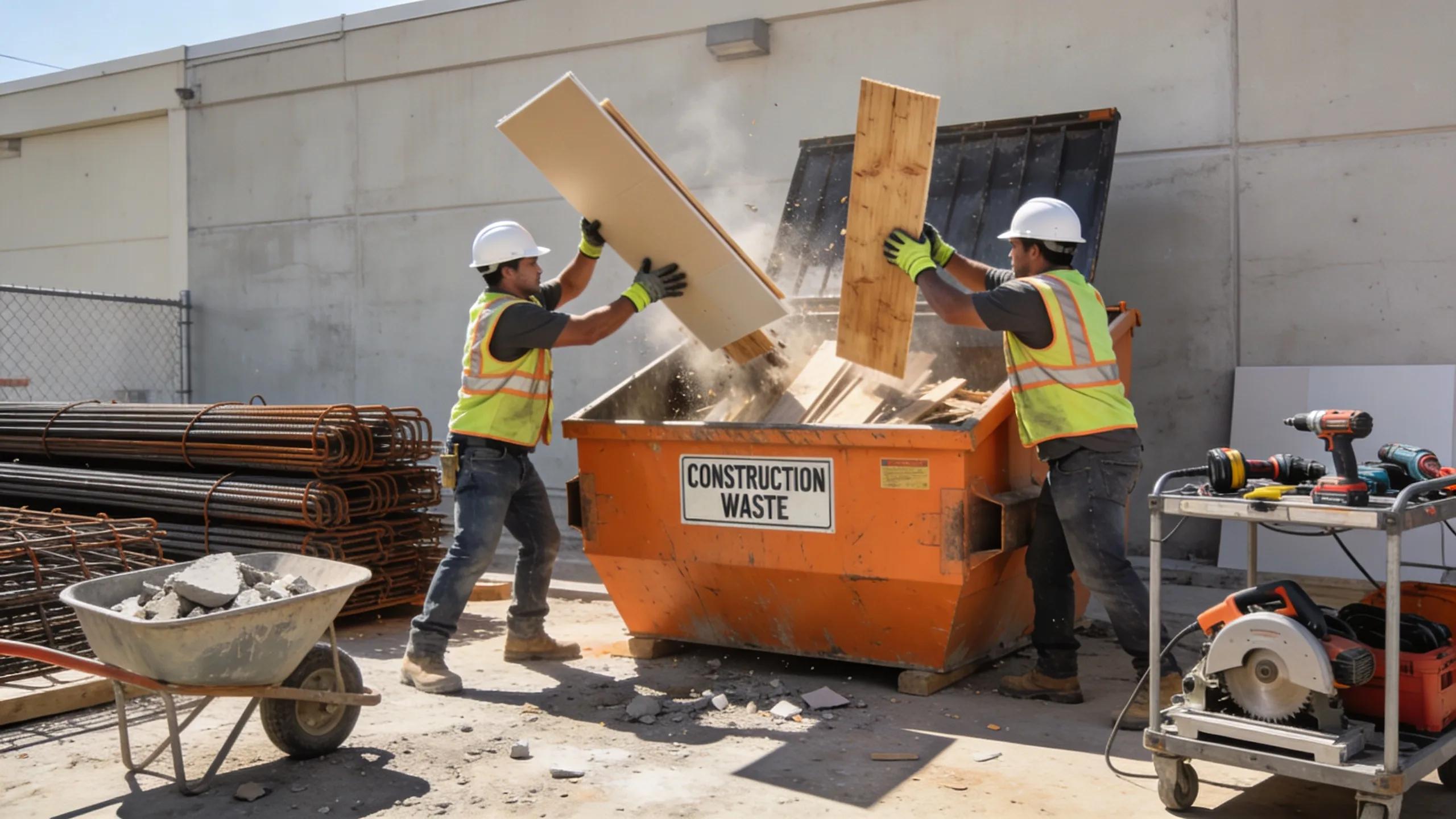 Workers loading a dumpster with construction debris on a commercial site in Grayslake, emphasizing fast service and eco-friendly disposal