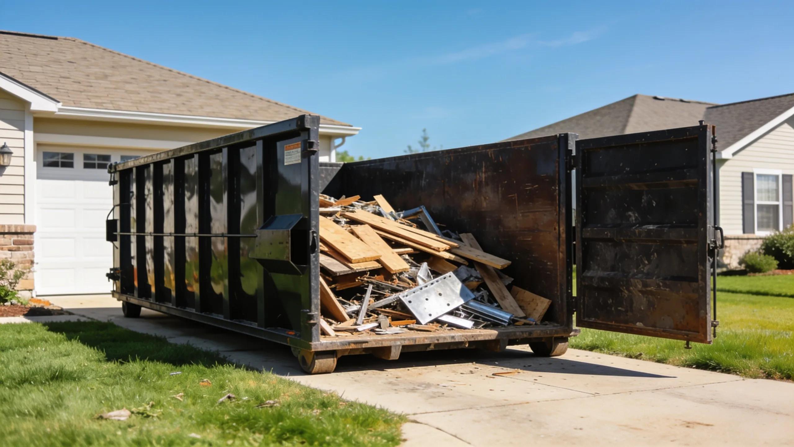 EcoBox roll-off dumpster on driveway with construction debris for safe waste disposal.