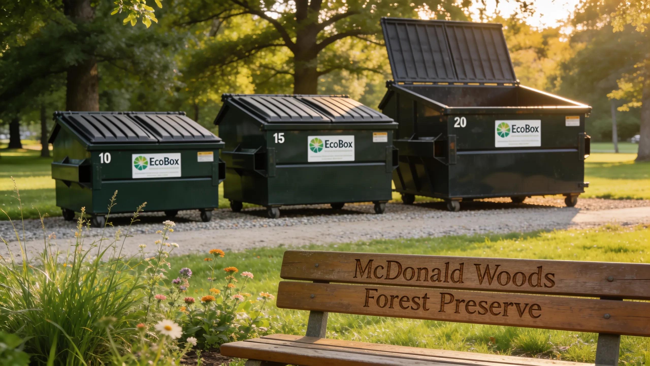 EcoBox Dumpsters 10, 15, and 20 yard roll-off containers in a park setting.