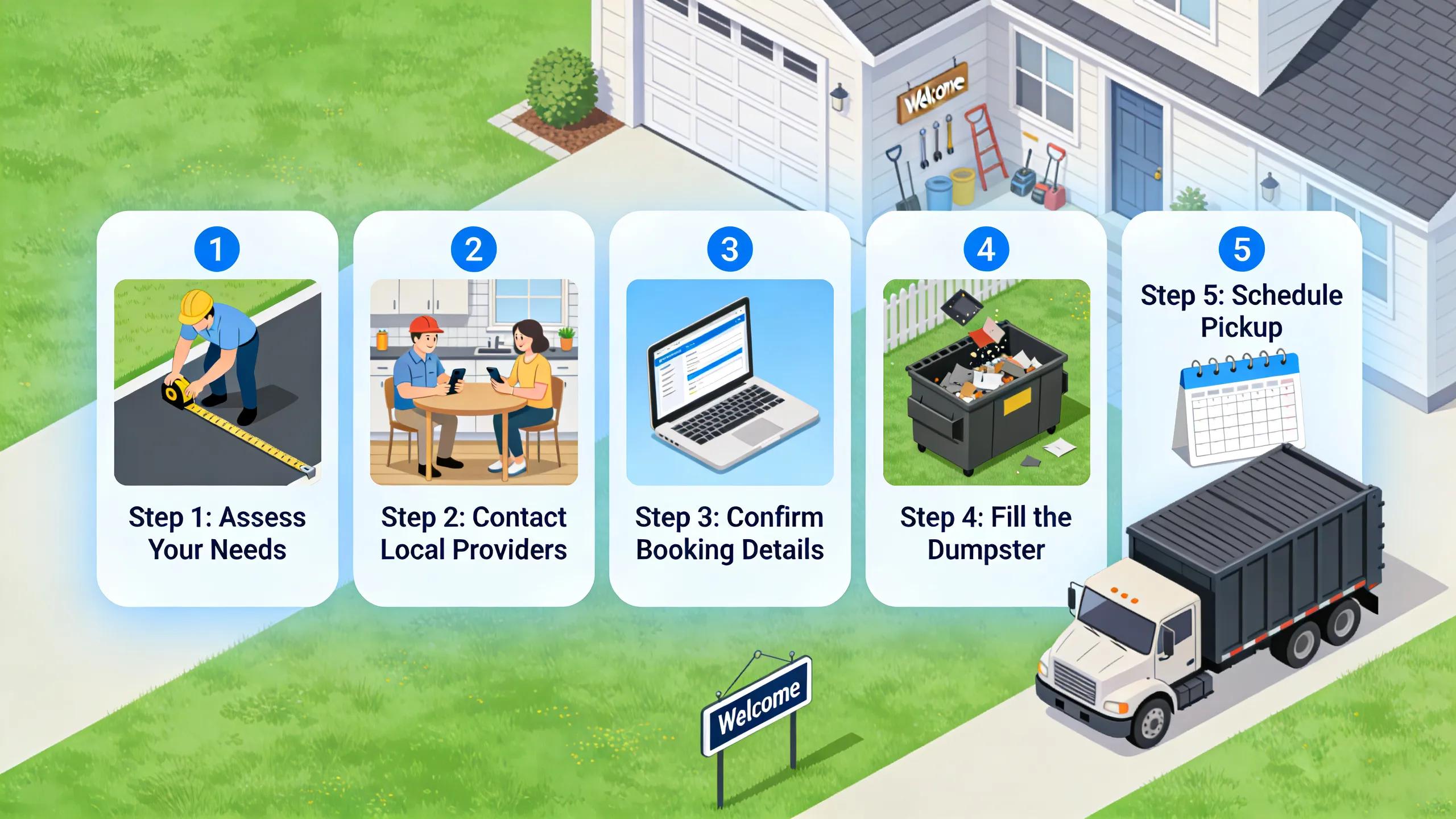 Visual representation of the dumpster rental process including assessment, booking, and pickup steps in a contractor and homeowner setting