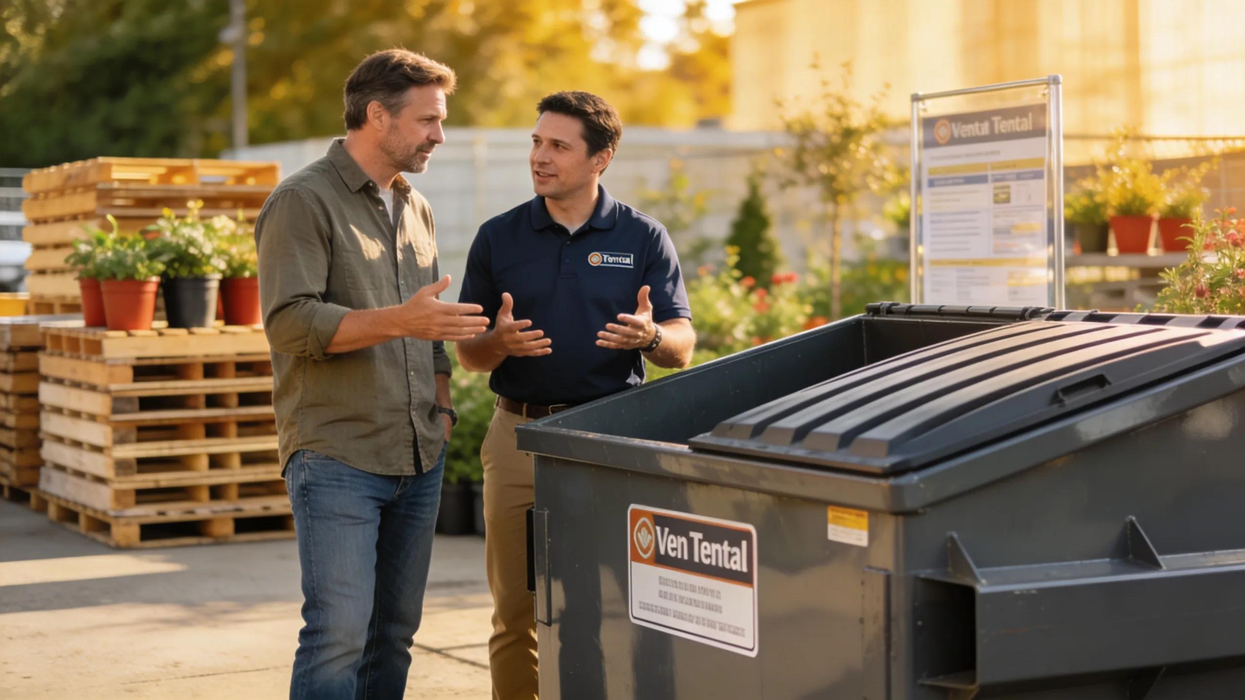 Homeowner discussing dumpster rental options with a representative outdoors