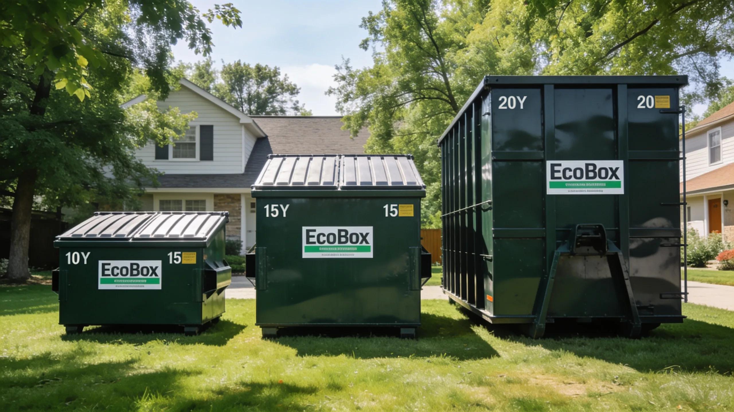 Various EcoBox dumpster sizes displayed in a yard setting in Inverness, IL, representing options for home projects