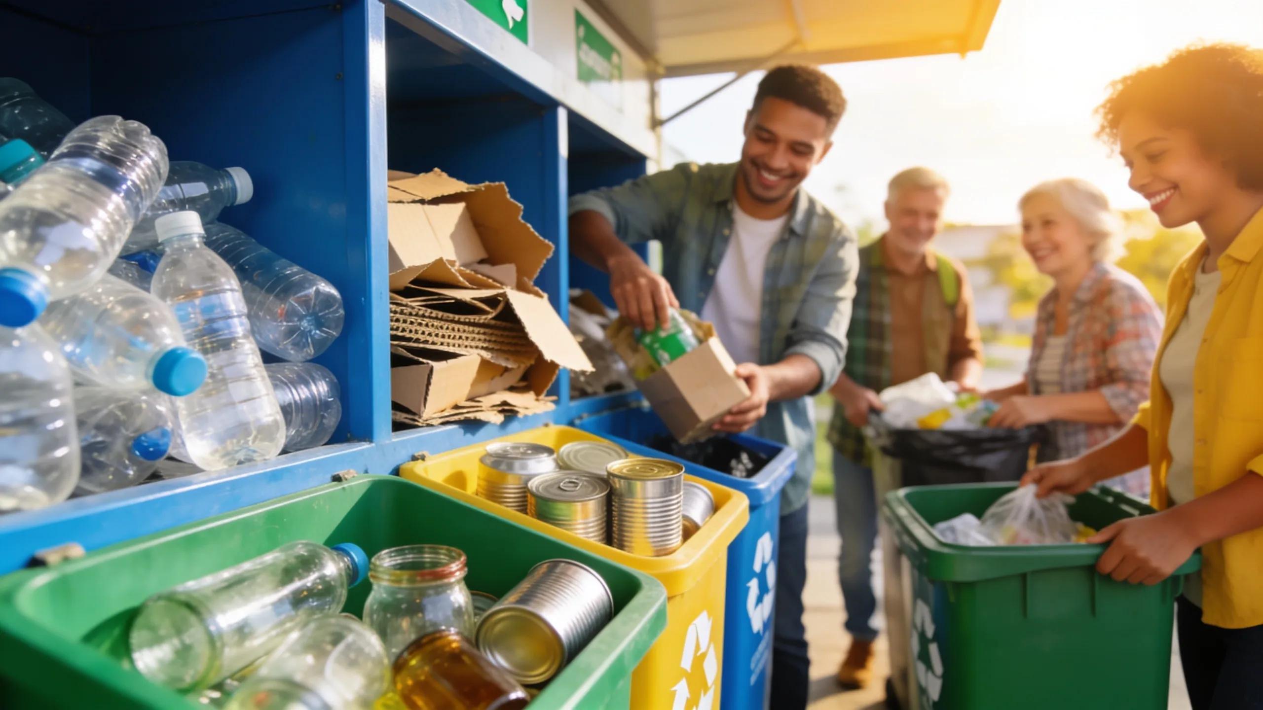 People recycling materials at a community recycling station emphasizing environmental benefits