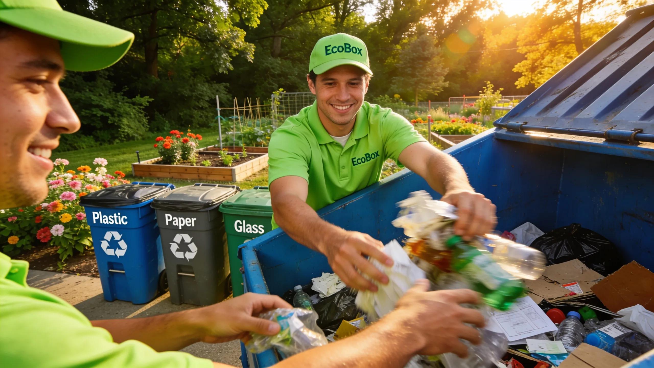 EcoBox employees sorting waste at a dumpster site in Antioch, IL, reflecting eco-friendly waste management practices