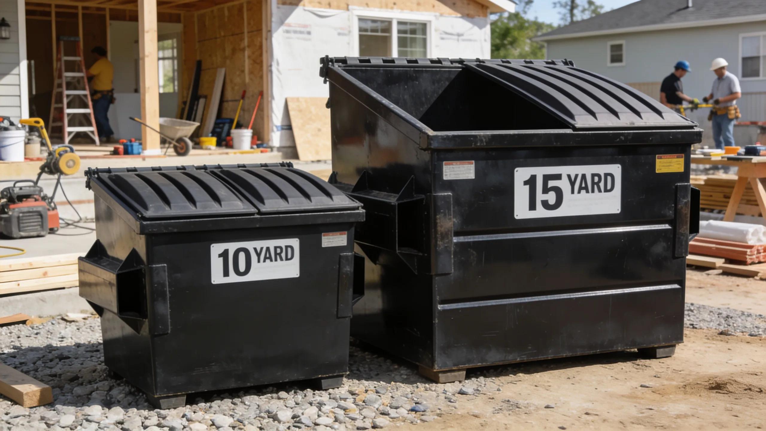 Close-up of 10-yard and 15-yard dumpsters side by side illustrating size differences for rental.