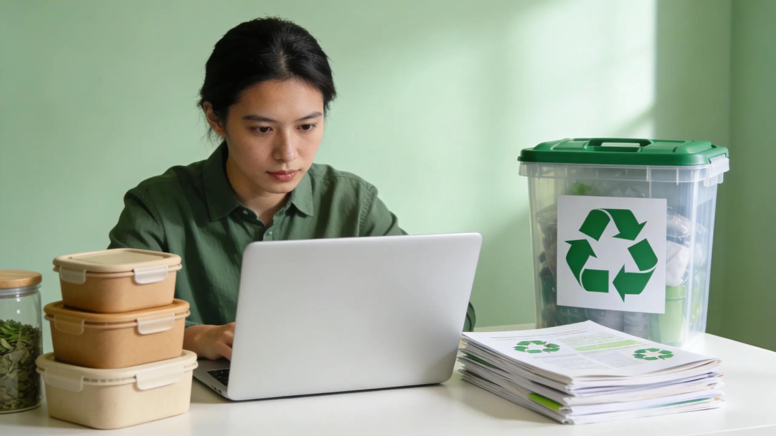 Person using a laptop for sustainable waste management planning amidst eco-friendly containers