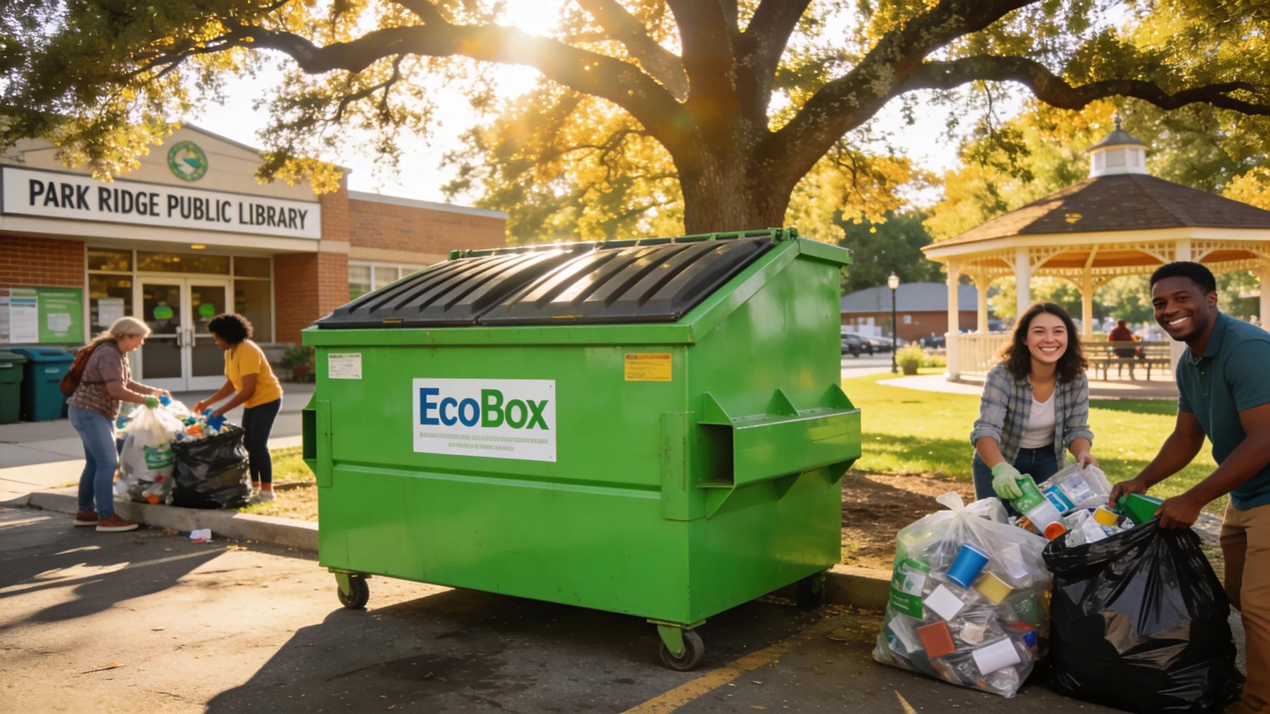 EcoBox dumpster and community members recycling in Park Ridge, IL.
