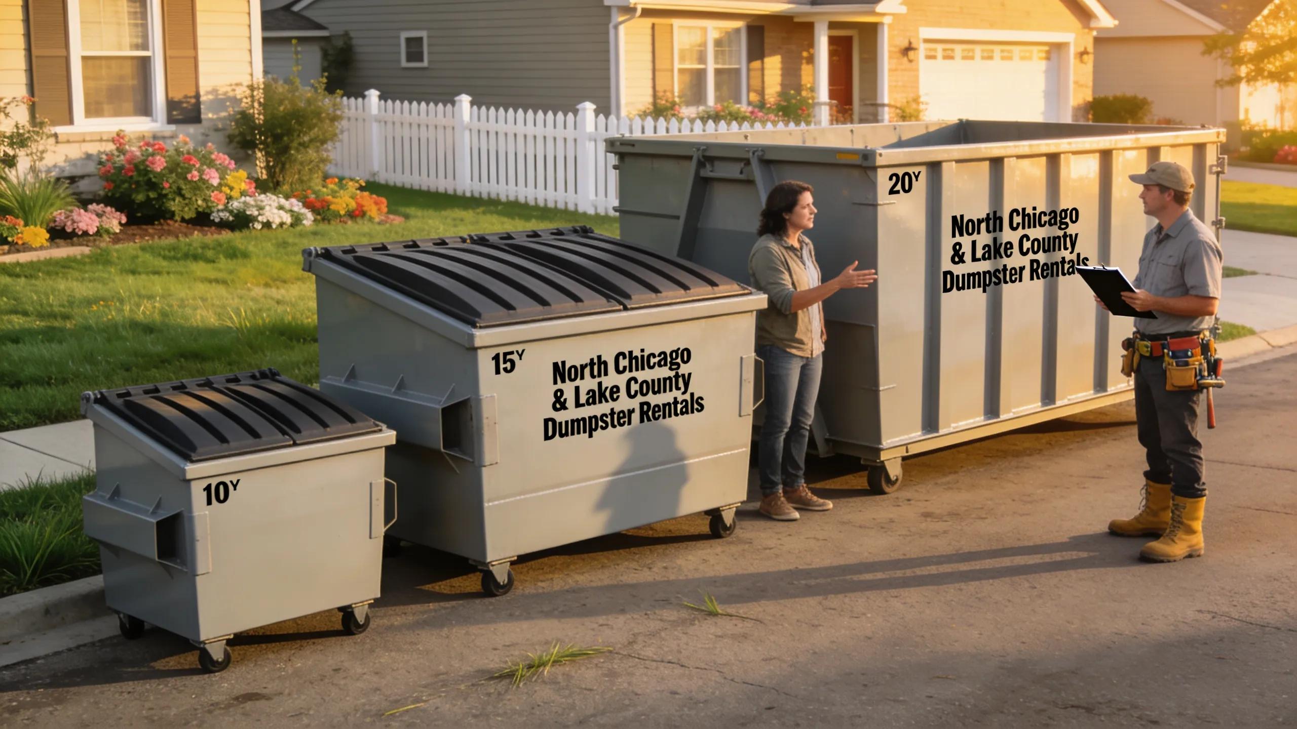 Line of 10-yard, 15-yard, and 20-yard dumpsters in a North Chicago neighborhood showcasing sizes and rental options