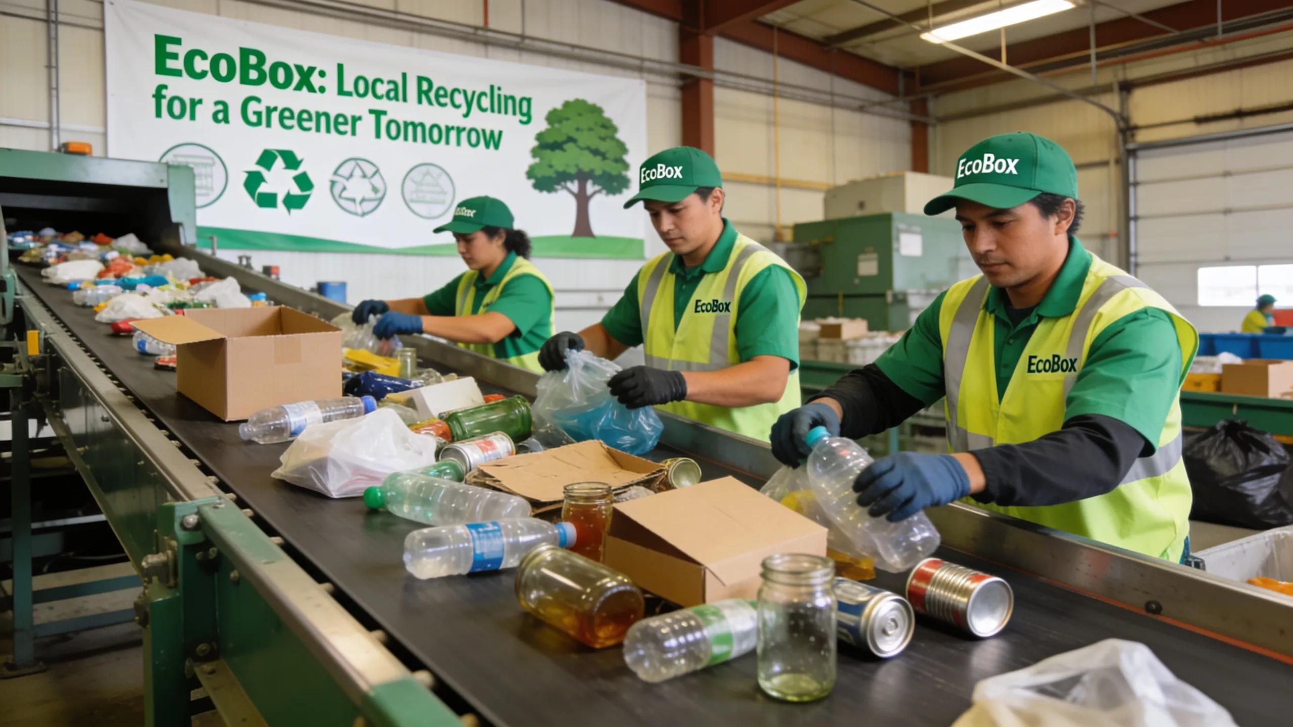 Workers sorting materials at a Deerfield recycling center, highlighting EcoBox's sustainable waste management practices
