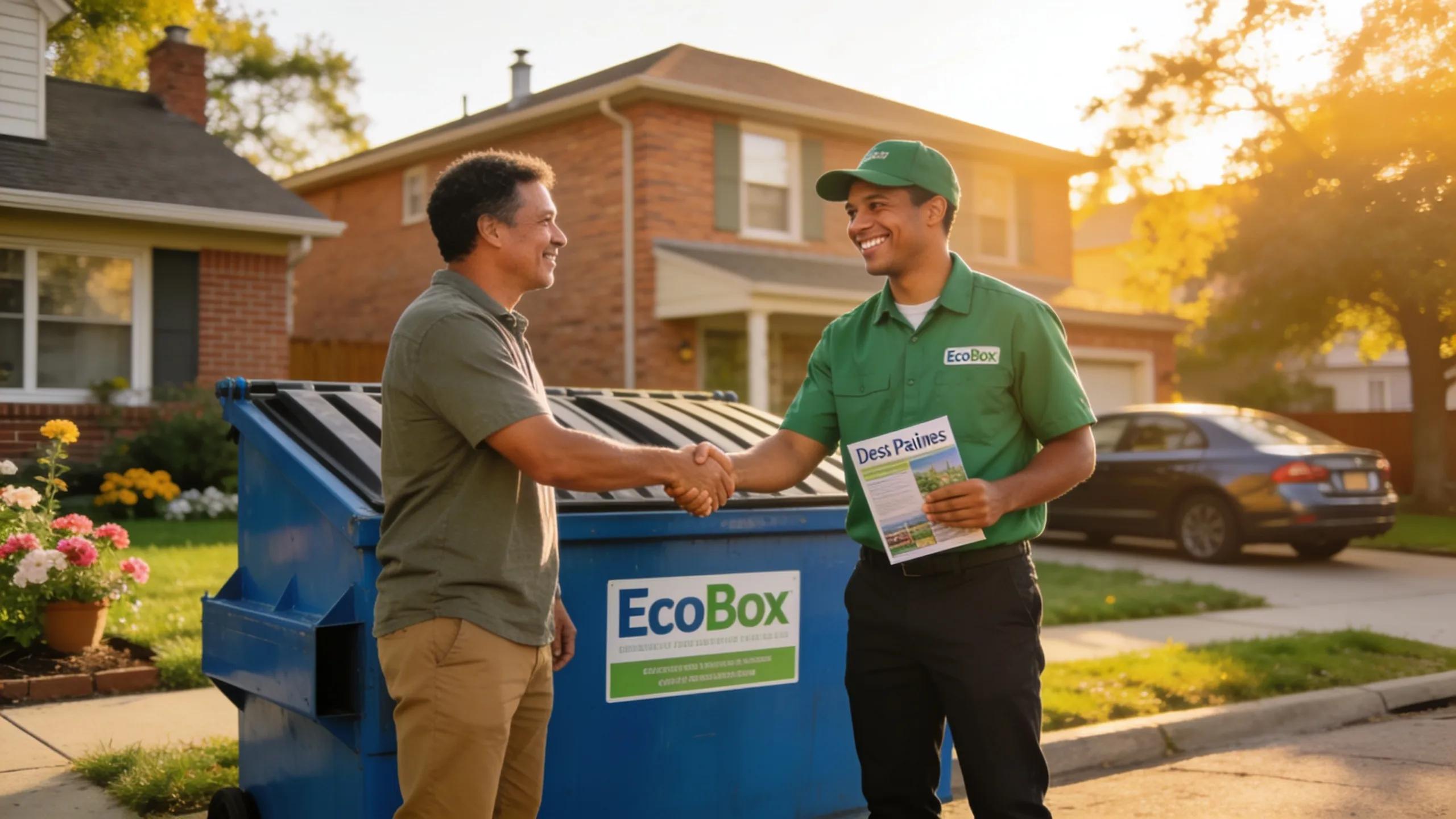 EcoBox representative providing customer service in a Des Plaines neighborhood, highlighting engagement and support