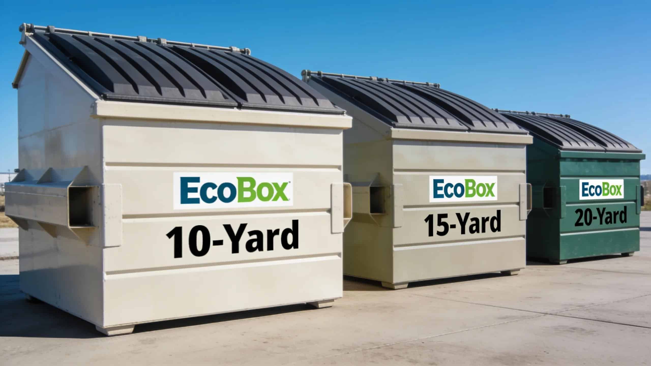 EcoBox dumpsters in different sizes for waste management and disposal.