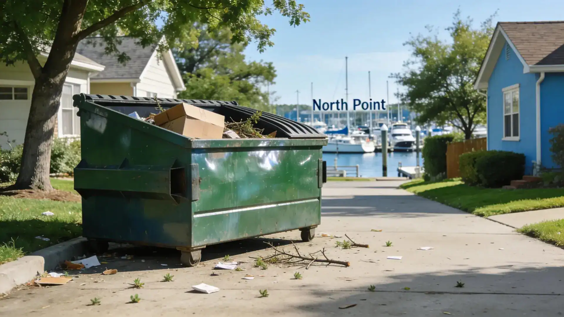 Green dumpster in neighborhood with boats in the background.