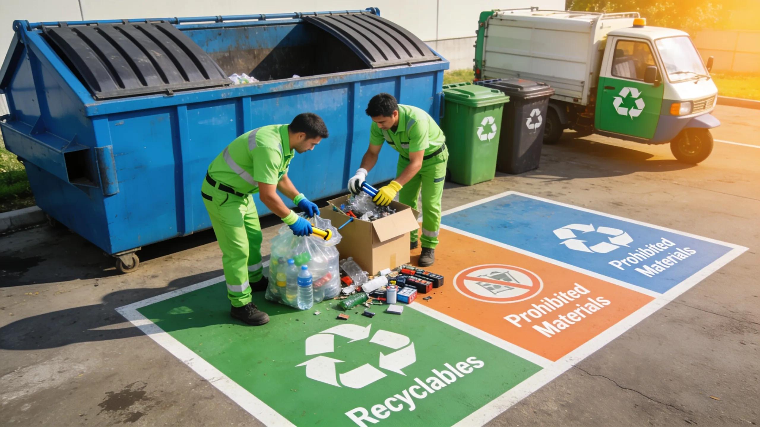 Waste management team sorting materials, promoting environmentally friendly disposal practices
