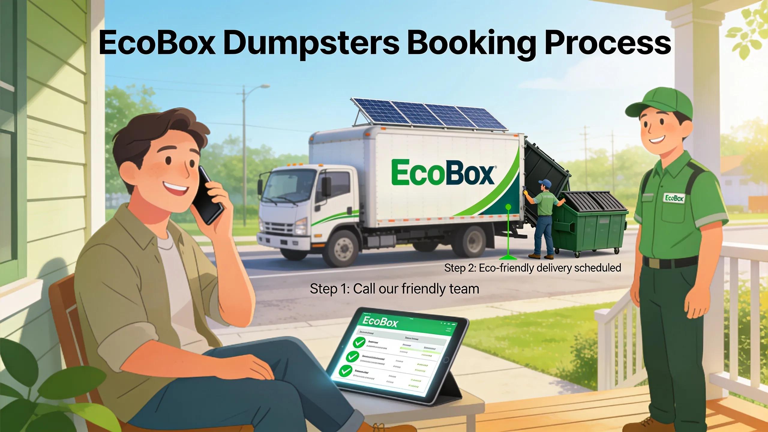 Customer engaging with EcoBox Dumpsters for booking while a dumpster delivery is happening