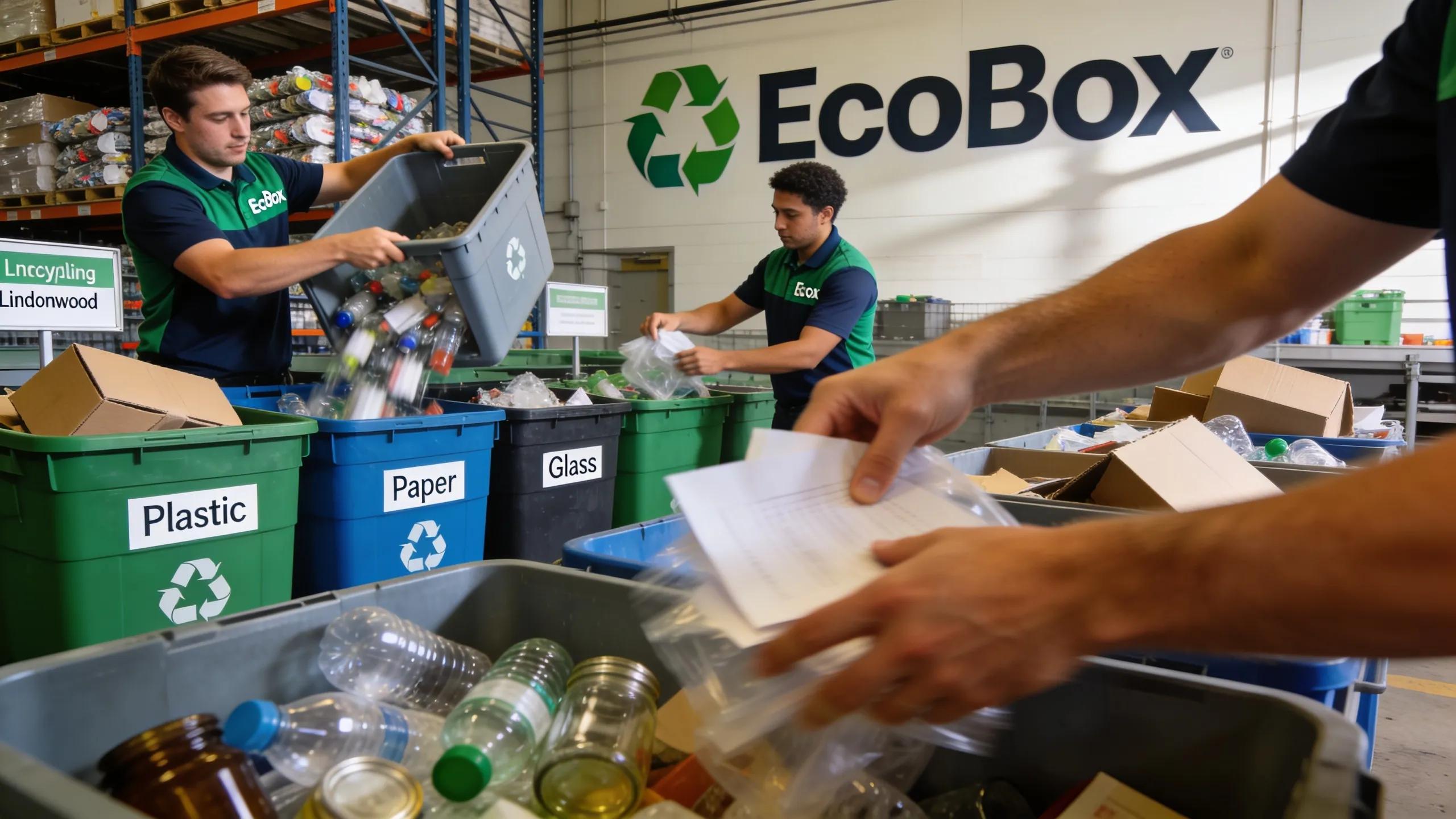 EcoBox employees sorting recyclable materials and waste in Lincolnwood facility.
