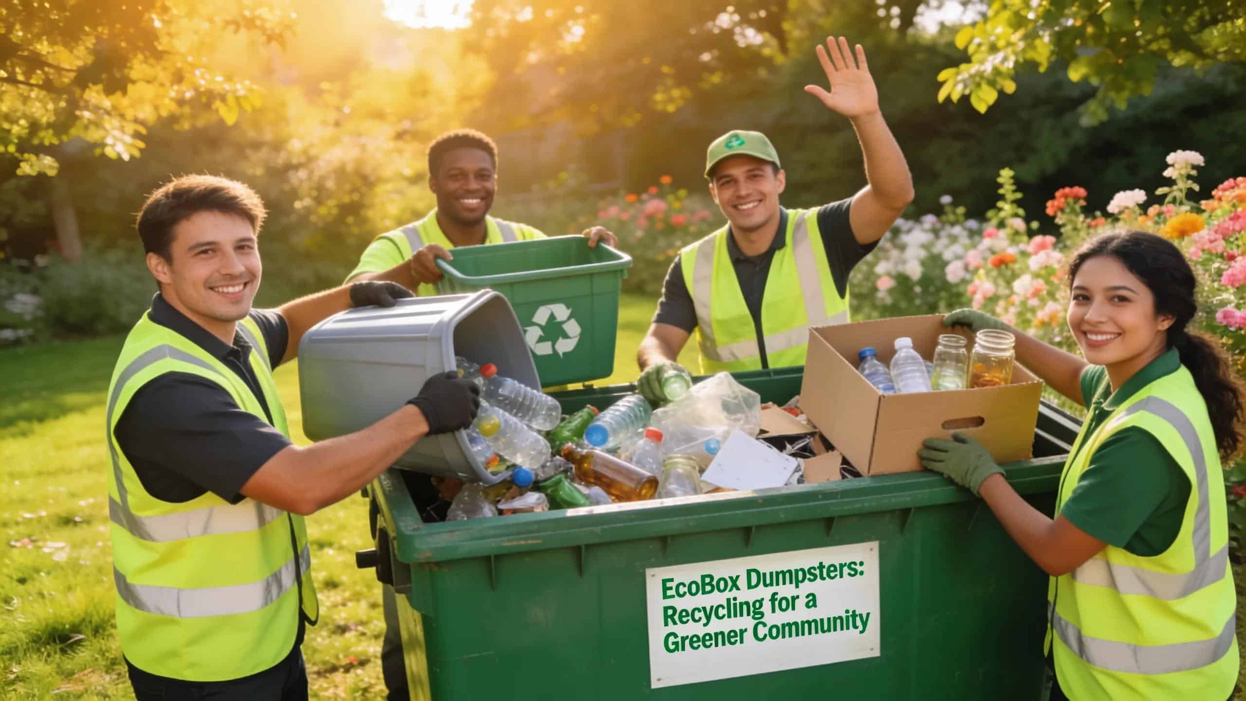 Grouping of workers sorting recyclables next to a dumpster in a green setting