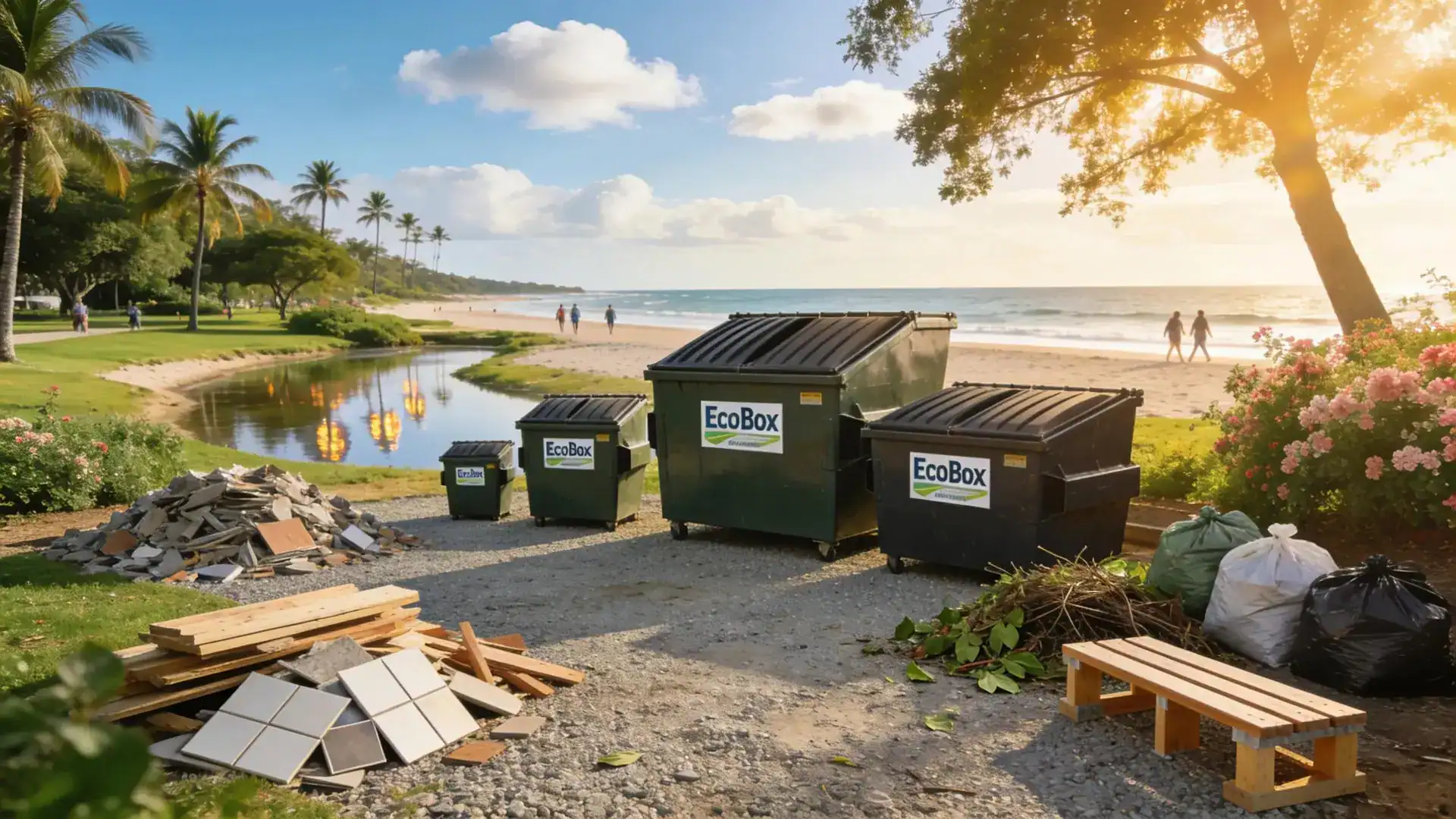 EcoBox dumpsters in a beach park setting highlighting eco-friendly waste disposal options