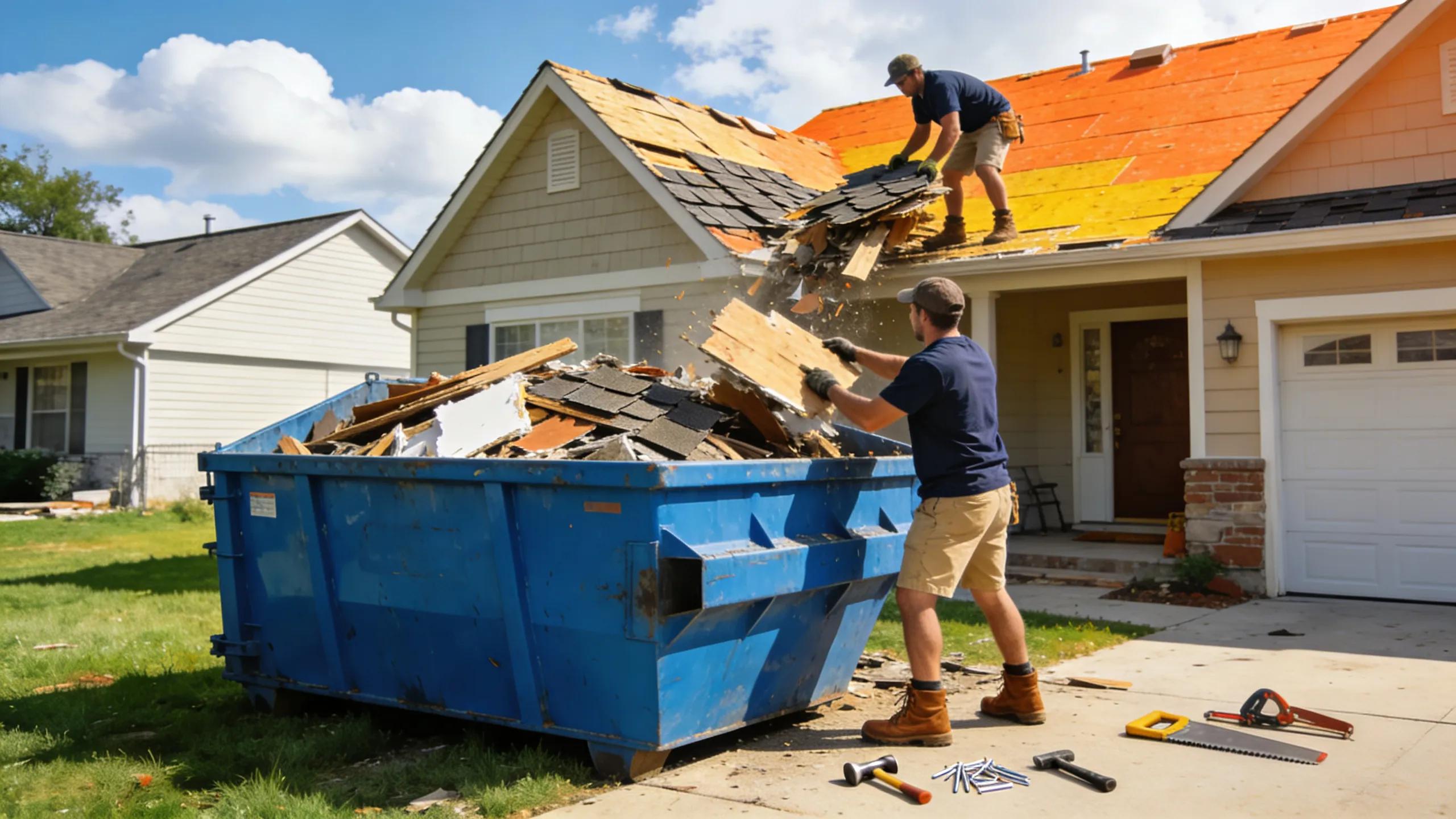 Blue dumpster in North Chicago used for home renovation, showing workers loading debris
