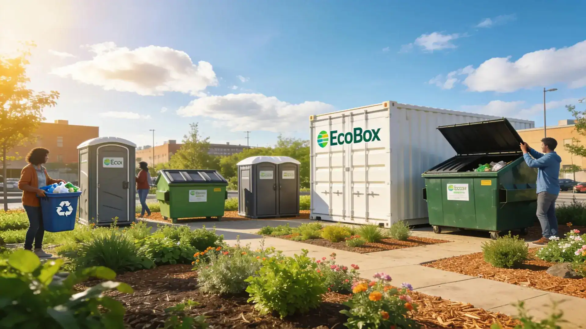 EcoBox dumpsters of various sizes displayed in a community setting, representing effective waste management solutions.