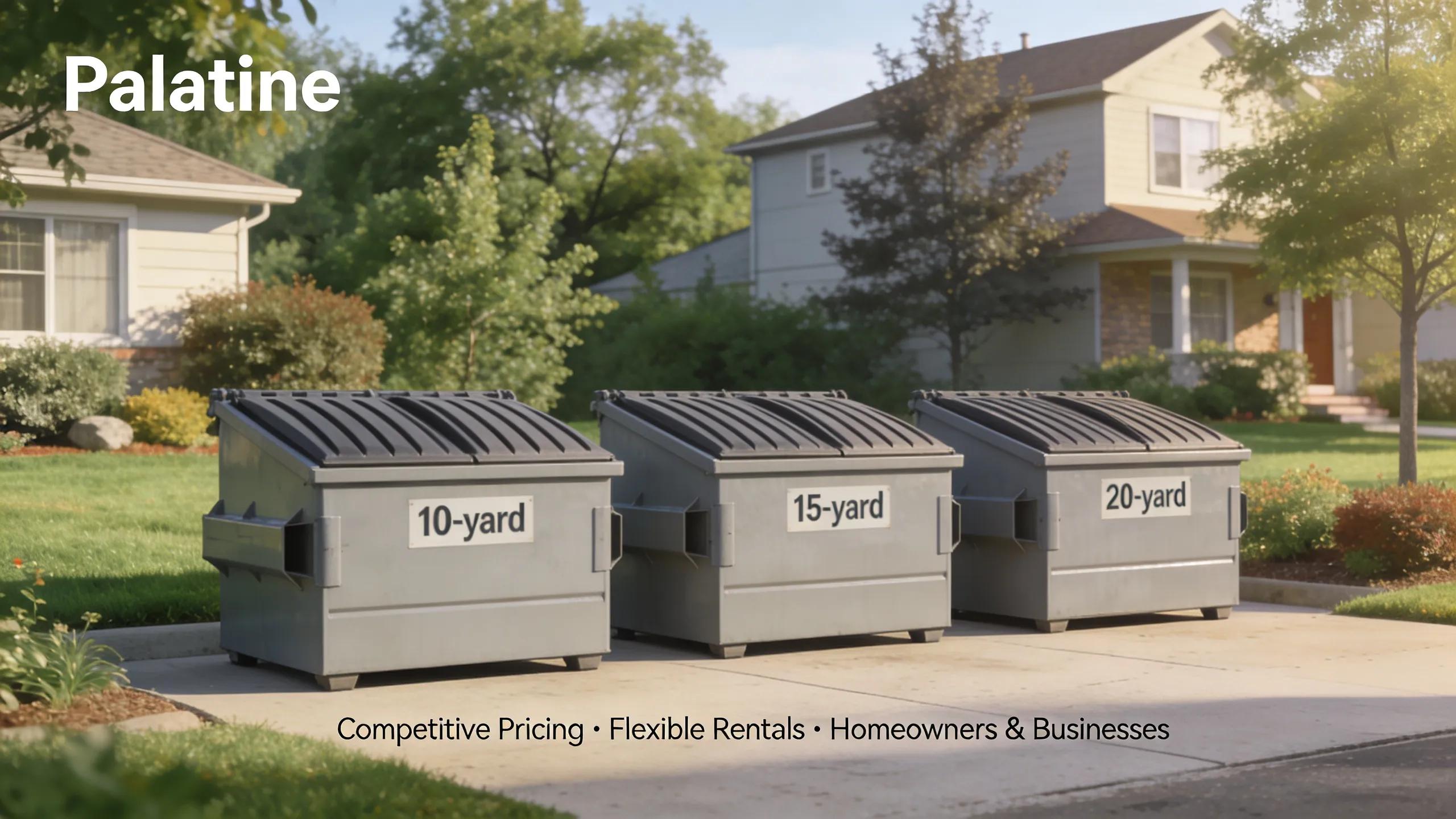 Three dumpster sizes (10-yard, 15-yard, 20-yard) in a residential Palatine area, highlighting rental options
