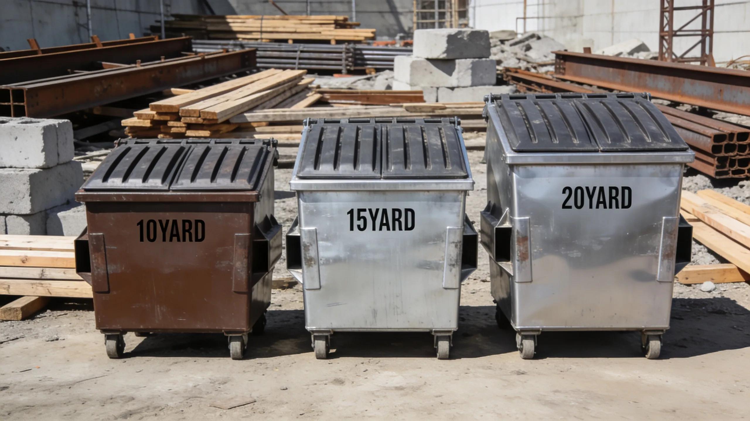 Three roll-off dumpsters of different sizes representing rental options for various projects