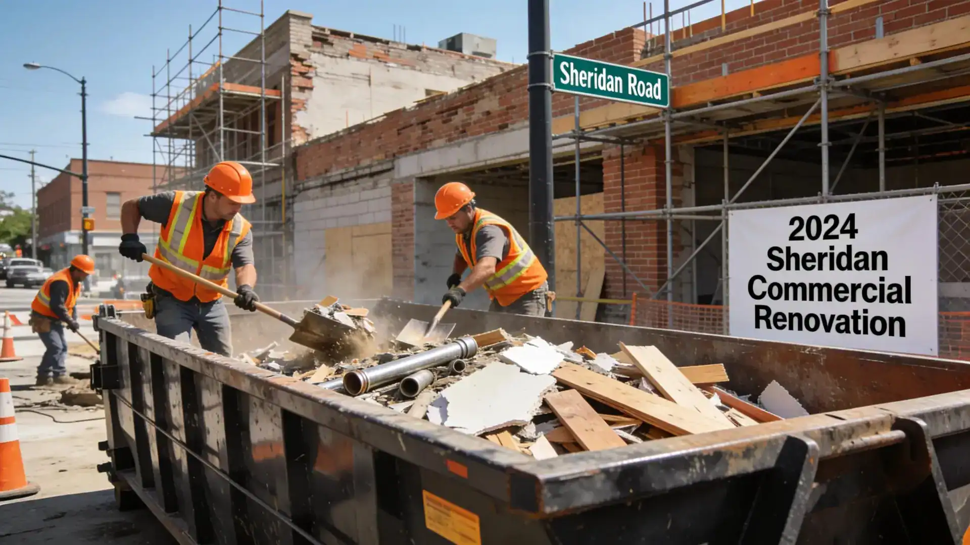 Construction workers using dumpster rental on Sheridan Road, demonstrating effective waste management for commercial renovations in Winthrop Harbor