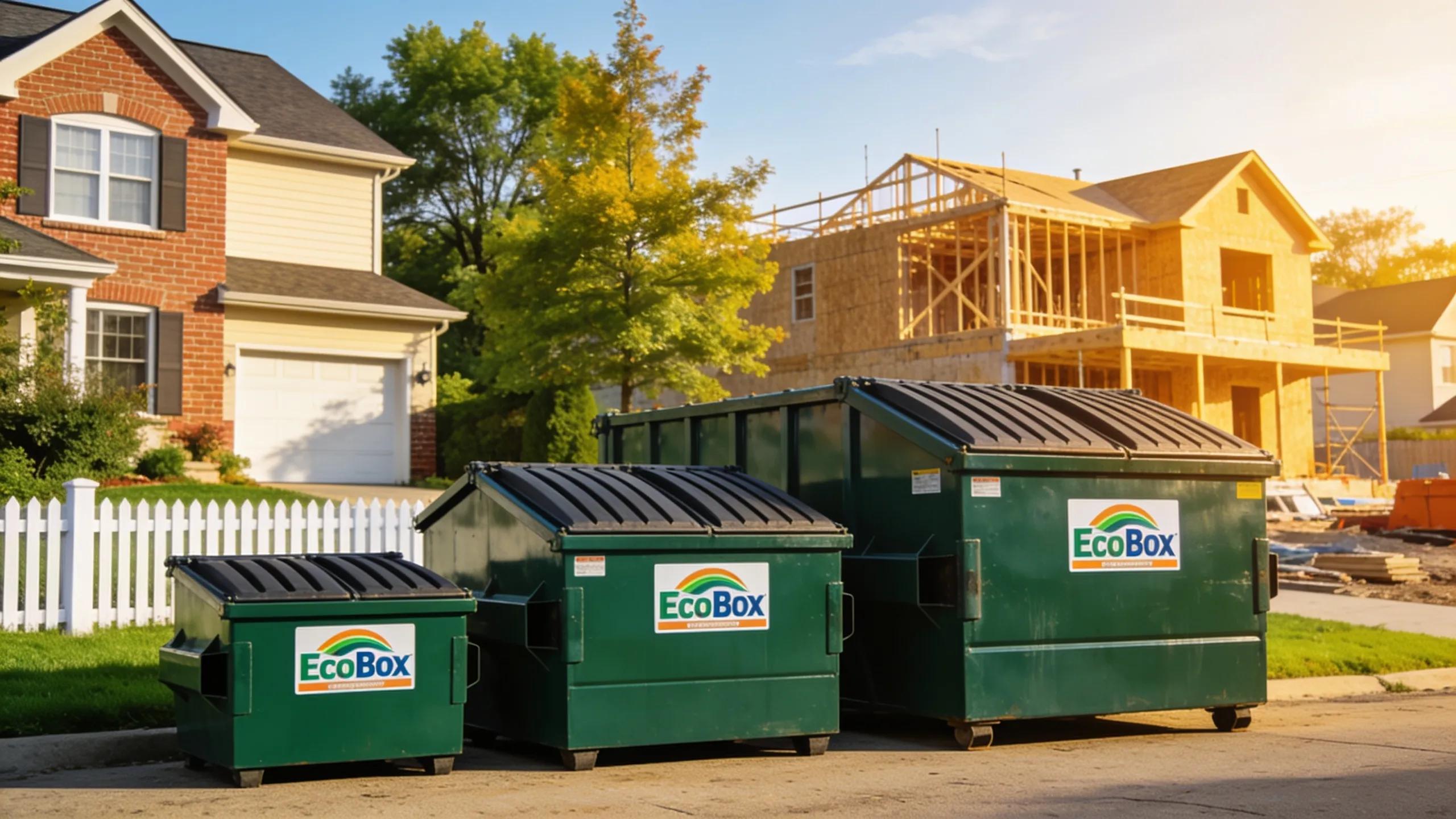 A row of EcoBox Dumpsters in various sizes set against a suburban backdrop in Lake Zurich, IL, emphasizing residential waste management solutions.