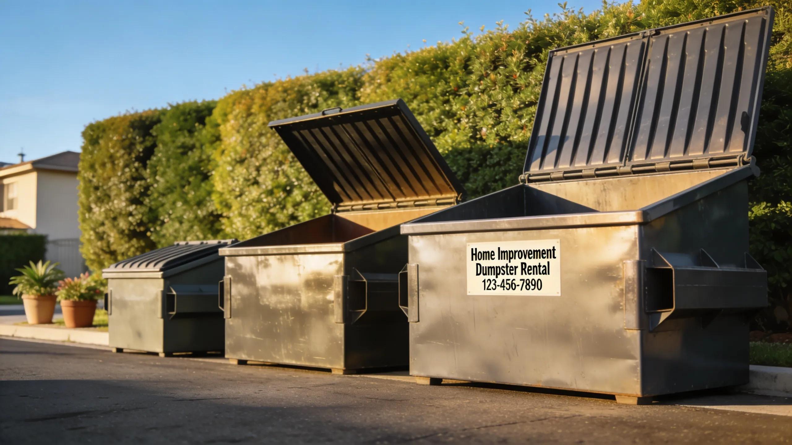 Various sizes of dumpsters in a North Chicago urban setting emphasizing rental services