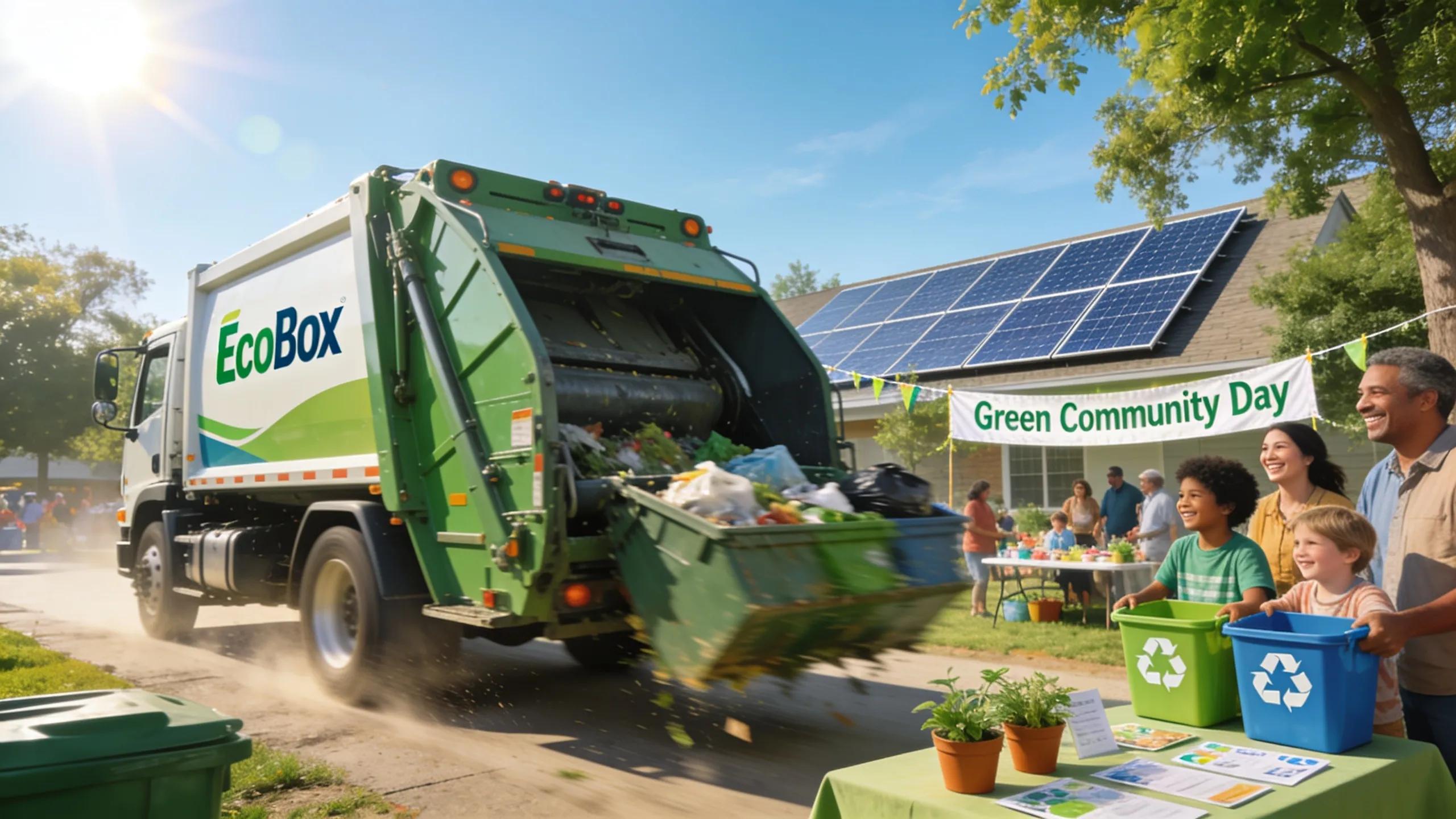 EcoBox dumpster truck and solar panels illustrating eco-friendly waste disposal in Woodstock, IL.