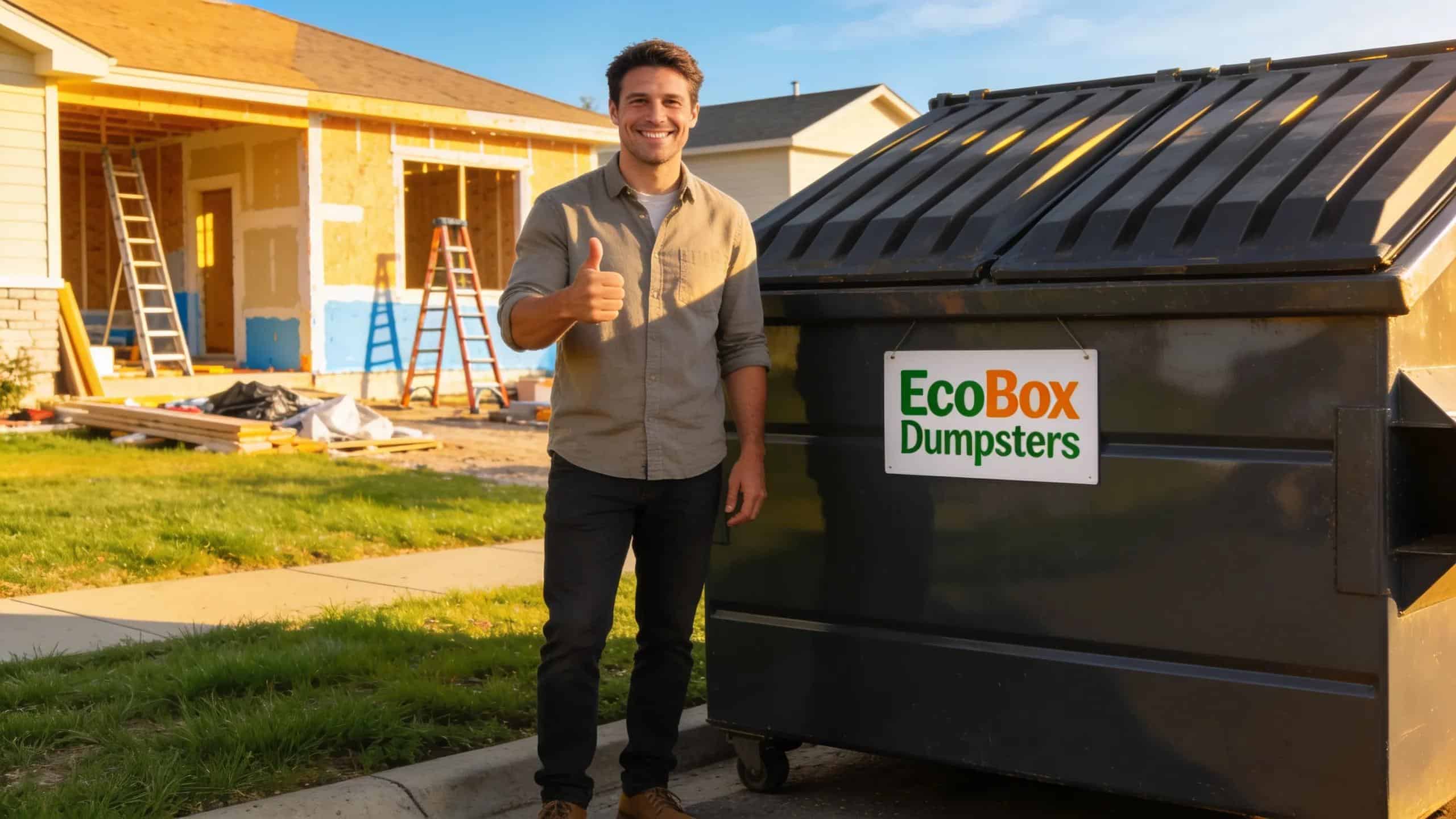 Satisfied customer with EcoBox dumpster, reflecting positive testimonials and service satisfaction